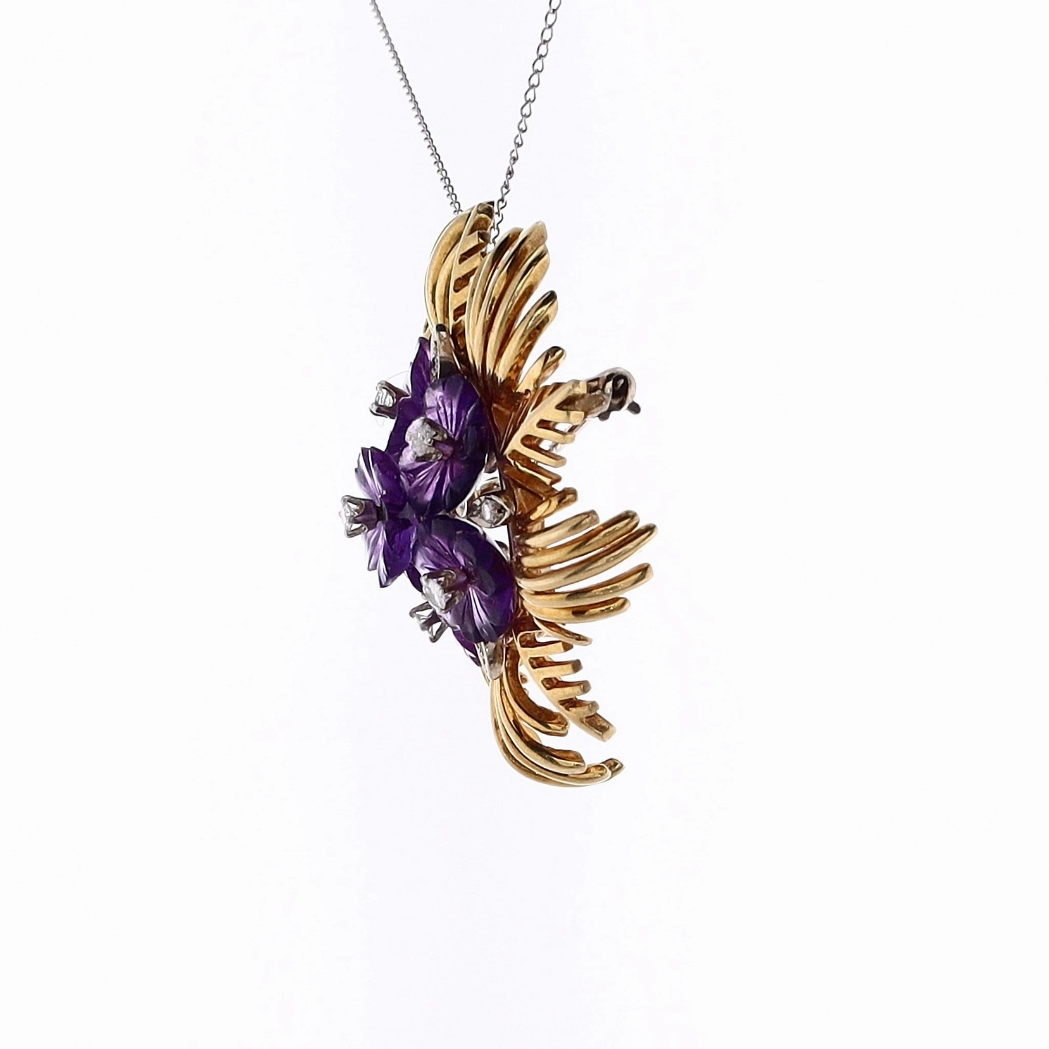 Estate 18 Karat Yellow Gold Flower Design Amethyst and Diamond Brooch