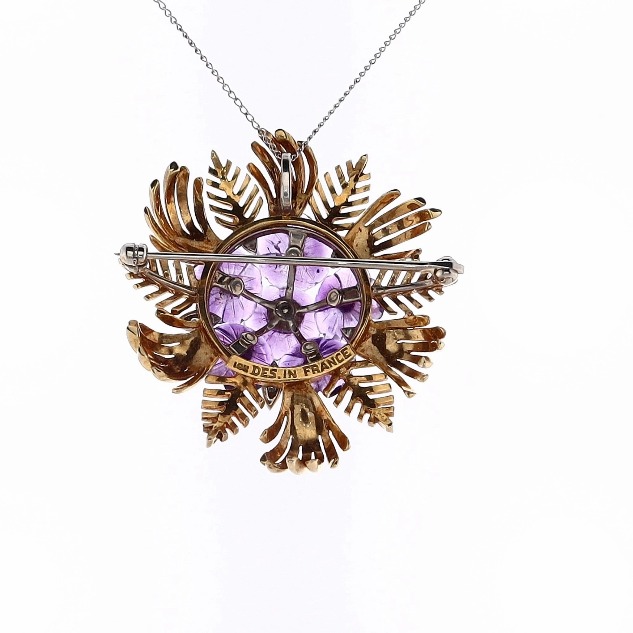 Estate 18 Karat Yellow Gold Flower Design Amethyst and Diamond Brooch