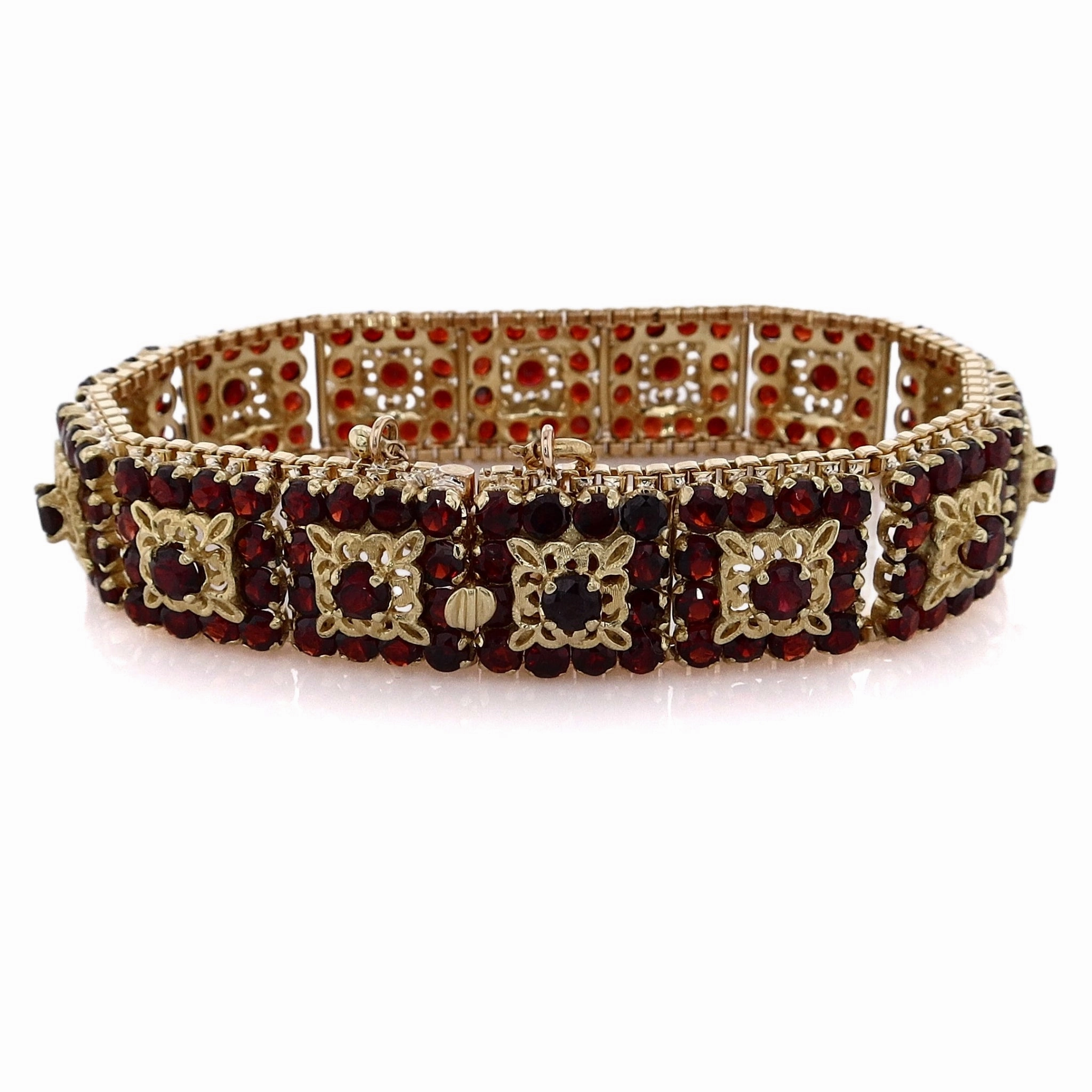 Estate 18 Karat Yellow Gold Garnet Bracelet With Safety Chain