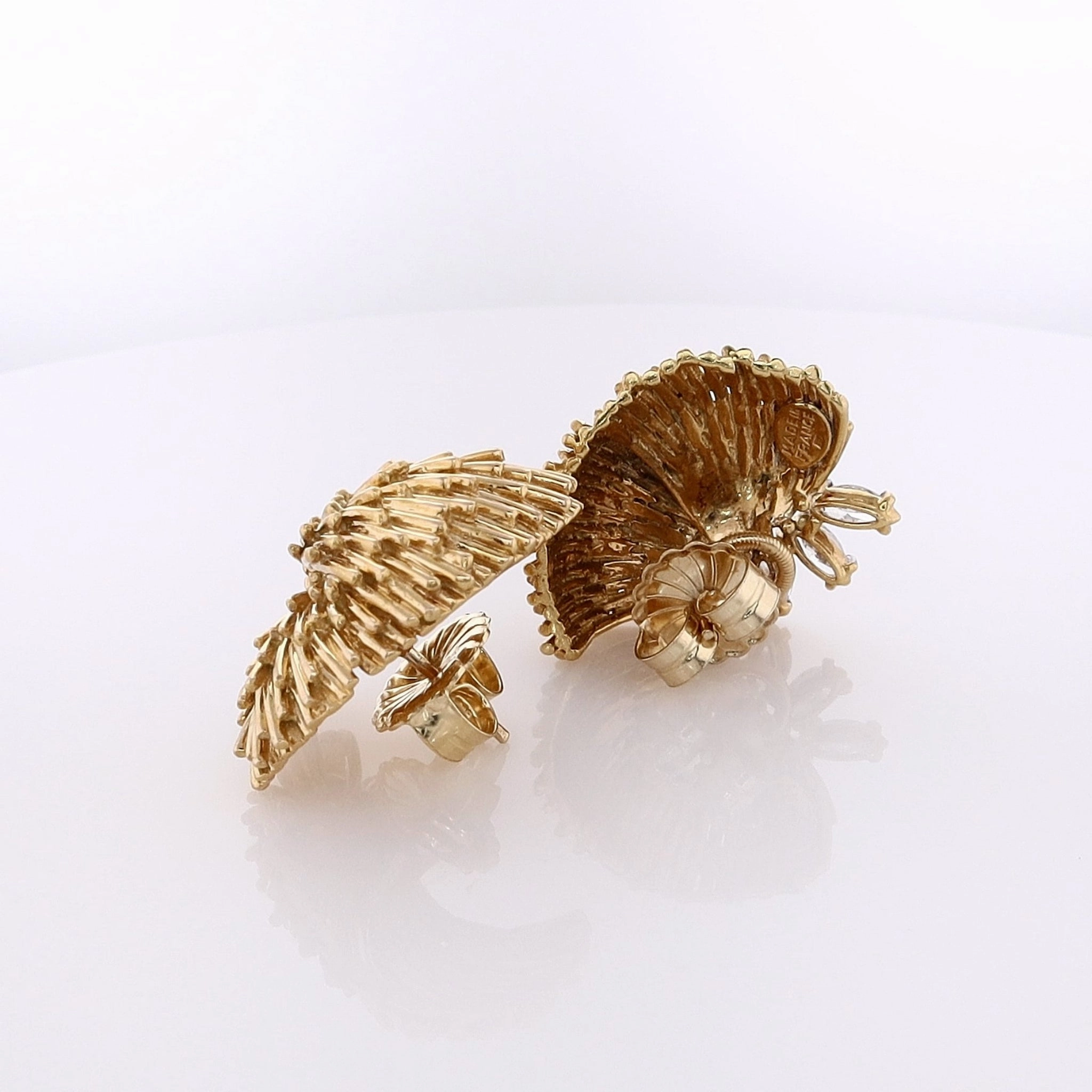 Estate 18 Karat Yellow Gold Textured Fan Design Diamond Earrings