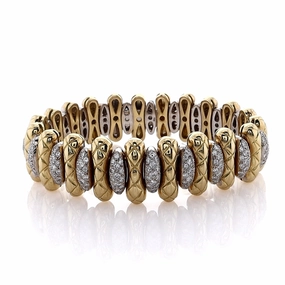 Estate 18k Two-Tone 17mm Gold Quilted Bar Alternating Oval Diamond Bracelet