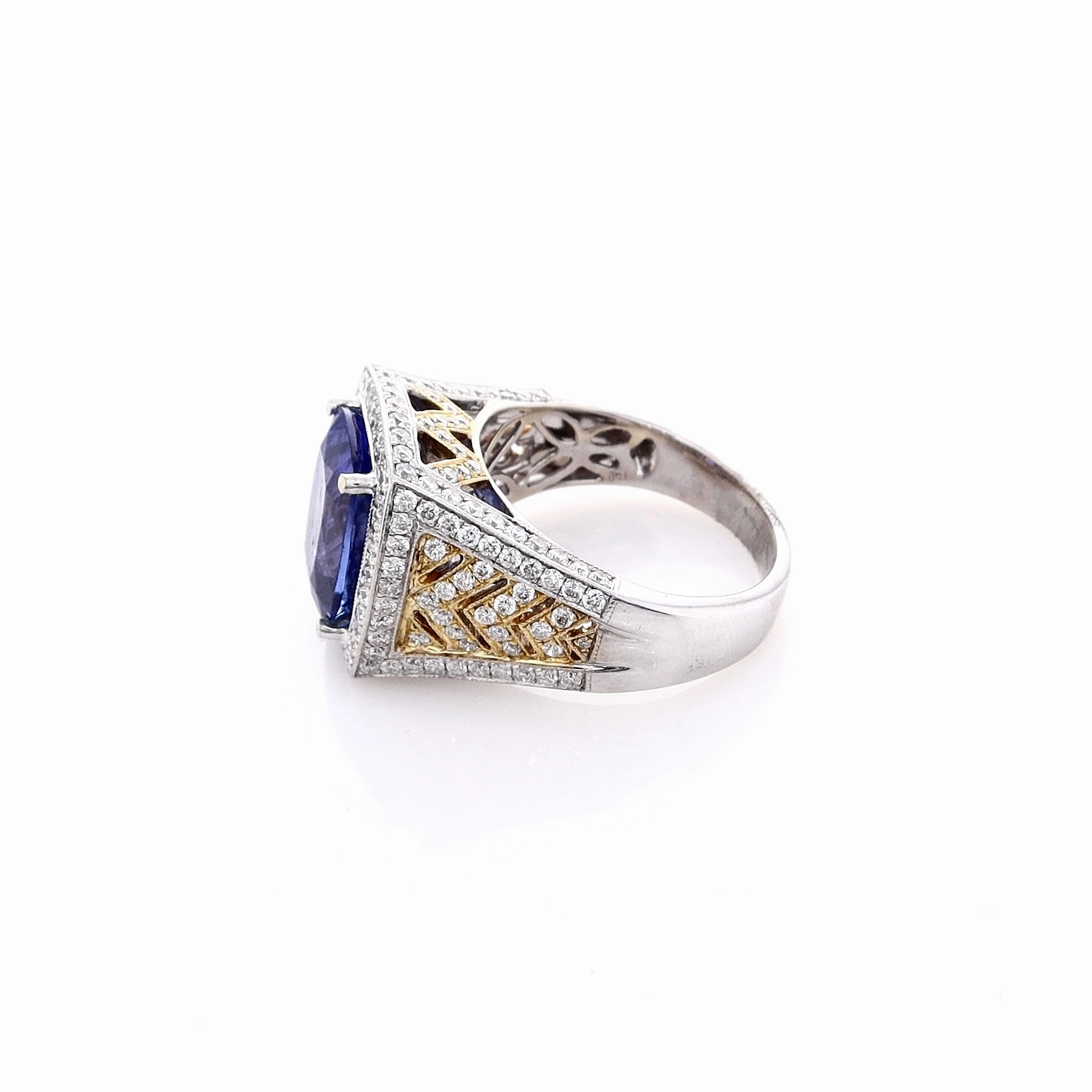 Estate 18k Two-Tone Cushion-Cut Tanzanite and Diamond Halo Ring