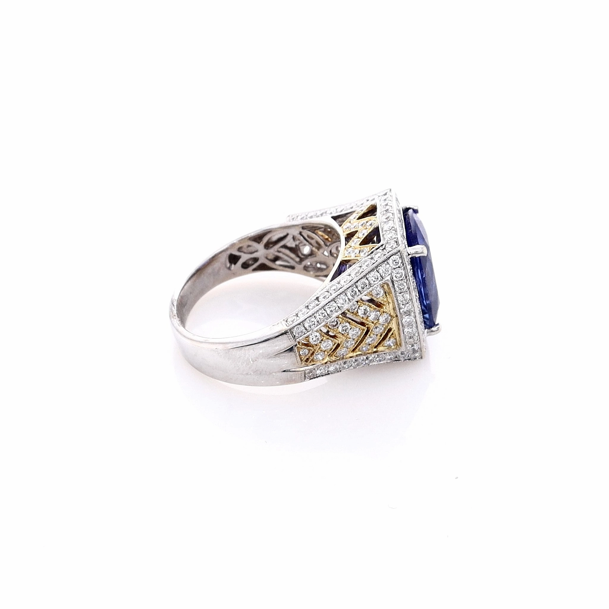 Estate 18k Two-Tone Cushion-Cut Tanzanite and Diamond Halo Ring