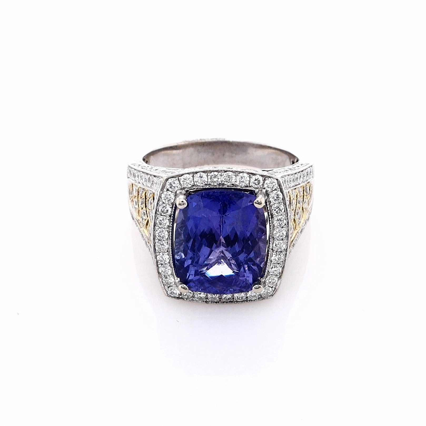 Estate 18k Two-Tone Cushion-Cut Tanzanite and Diamond Halo Ring