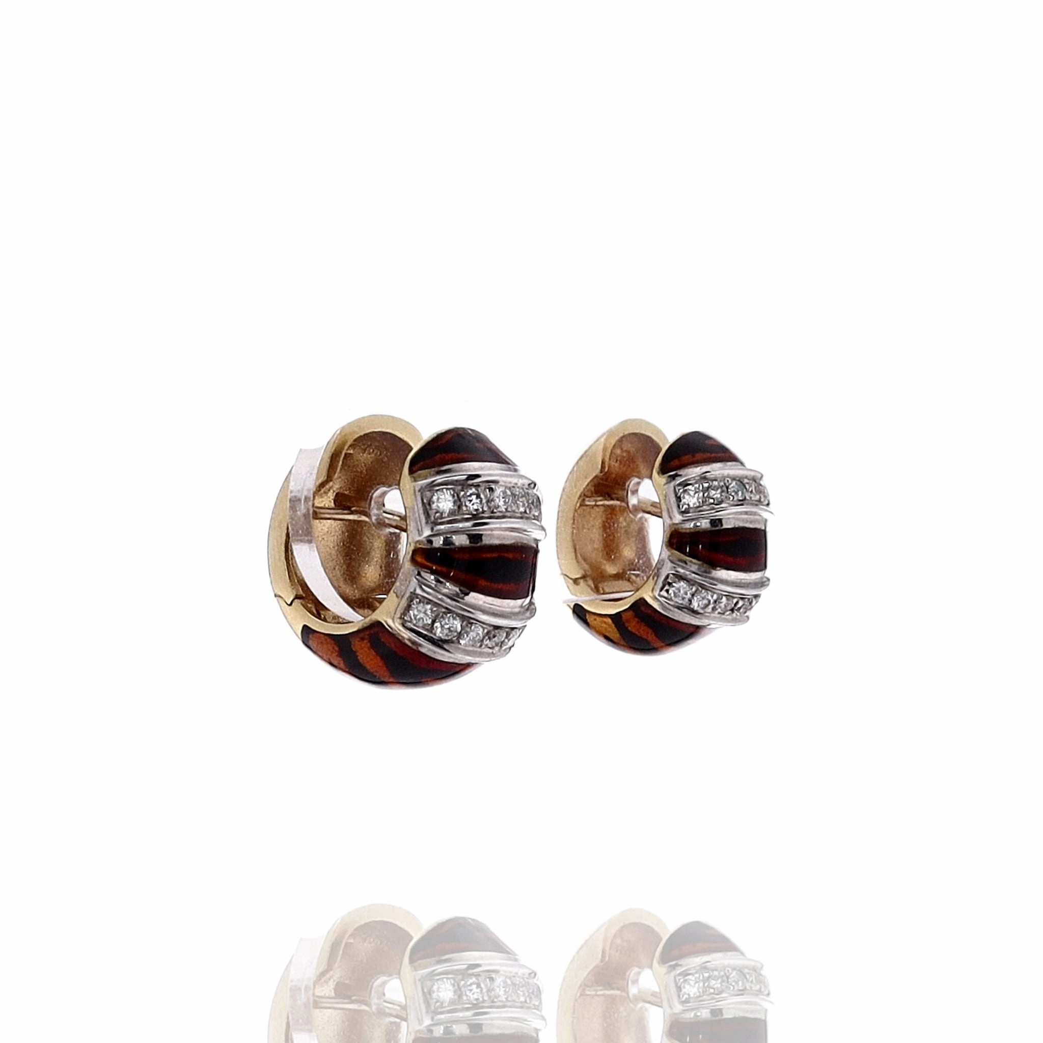 Estate 18k Two-Tone Diamond Resin Tiger Design Huggie Earrings