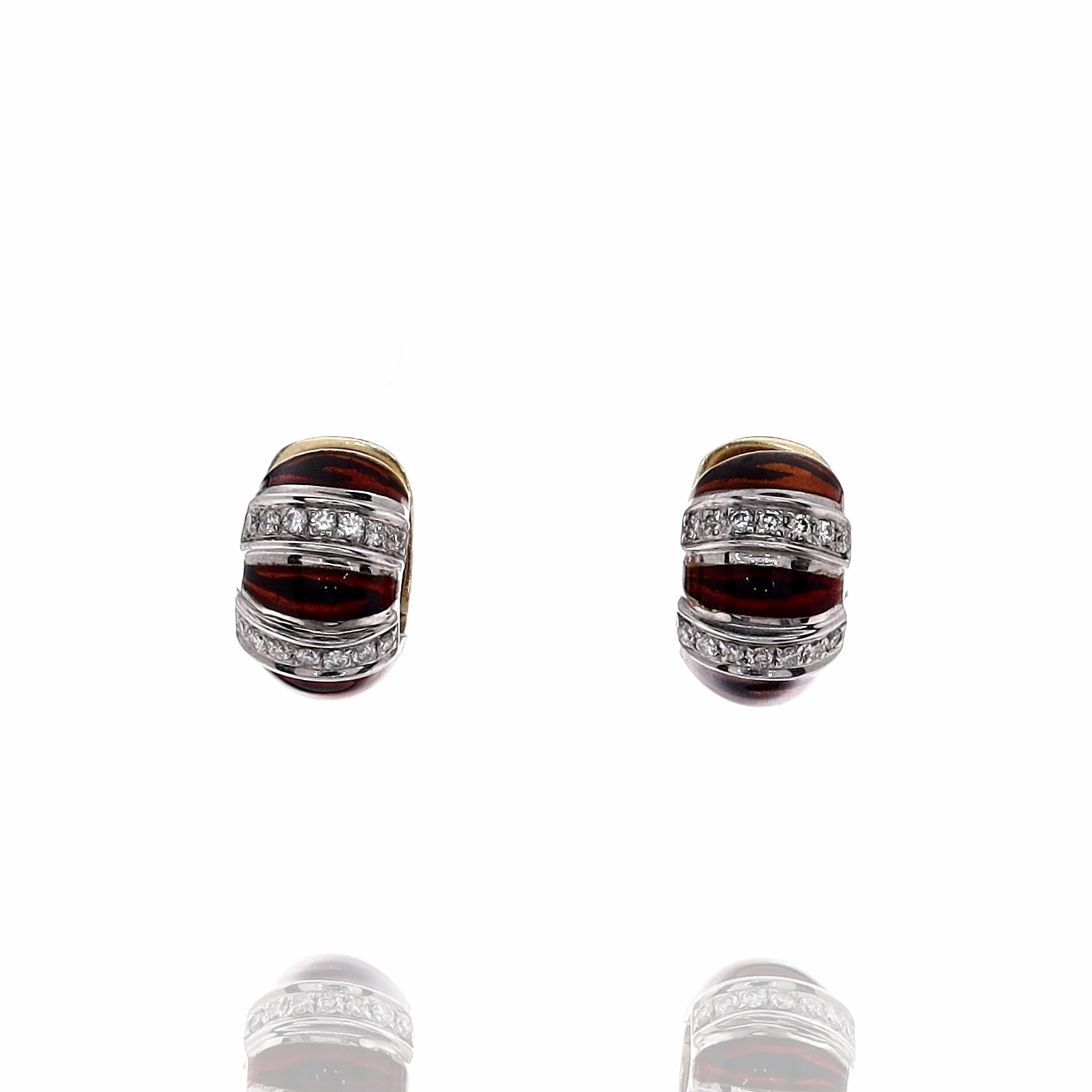 Estate 18k Two-Tone Diamond Resin Tiger Design Huggie Earrings