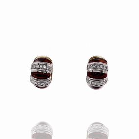 Estate 18k Two-Tone Diamond Resin Tiger Design Huggie Earrings