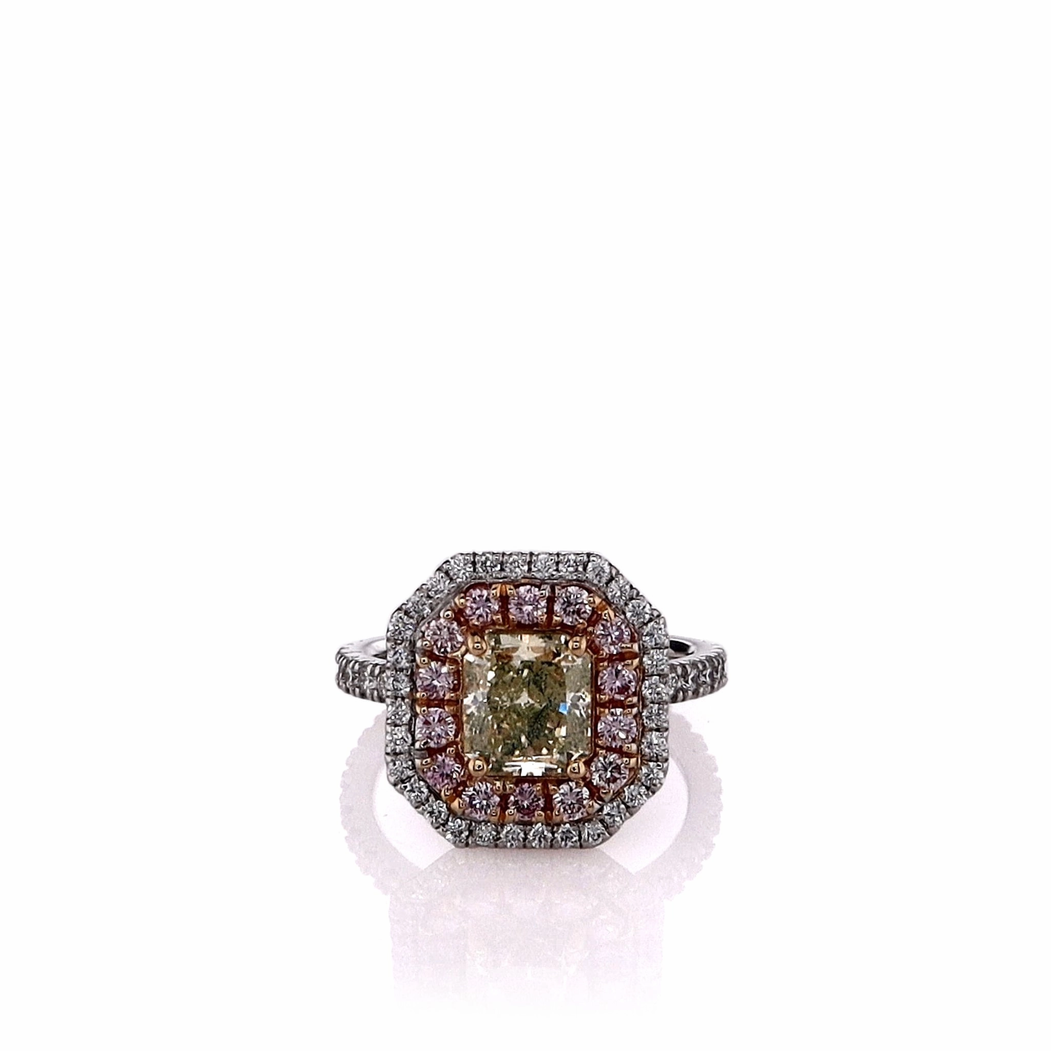 Estate 18k Two-Tone Fancy Yellow-Green and Pink Diamond Double Halo Ring