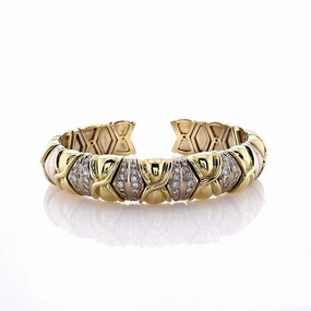 Estate 18k Two Tone Gold Flexible Diamond 13mm Wide Cuff Bracelet