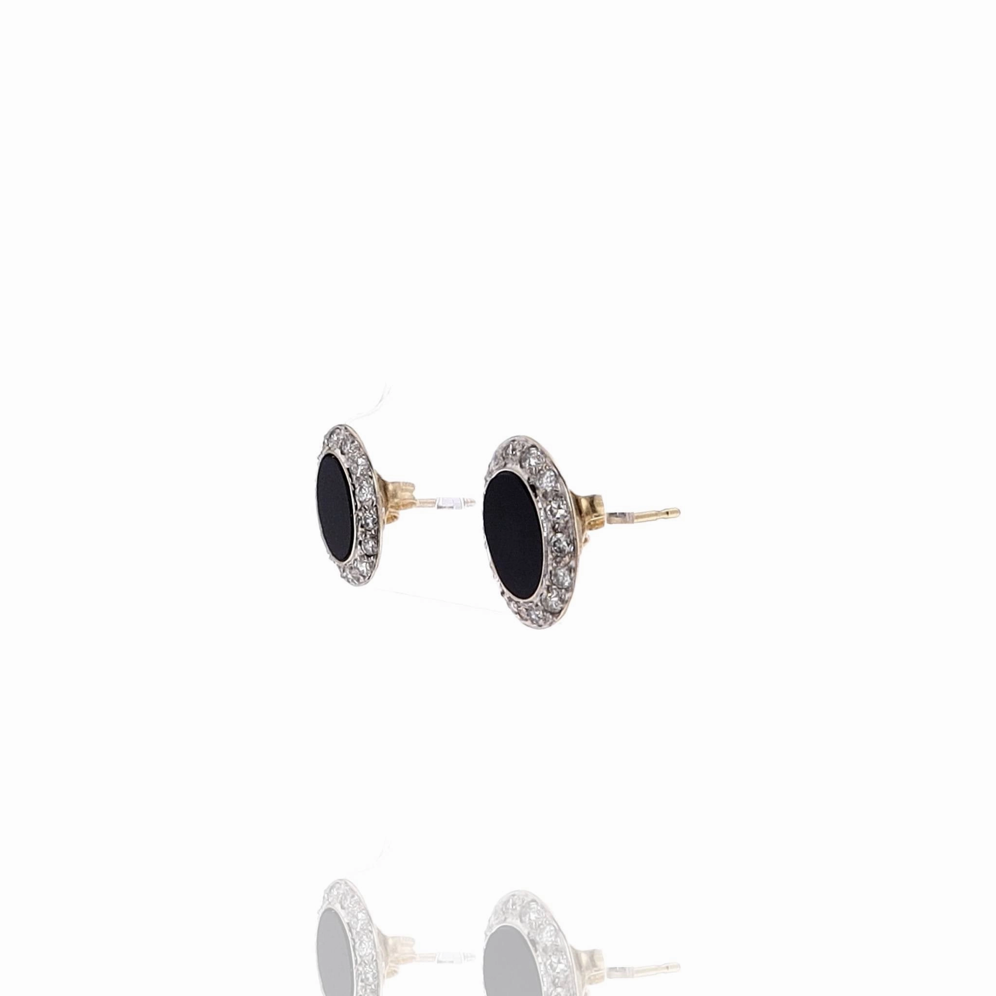 Estate 18k Two-Tone Oval Black Chalcedony and Diamond Earrings