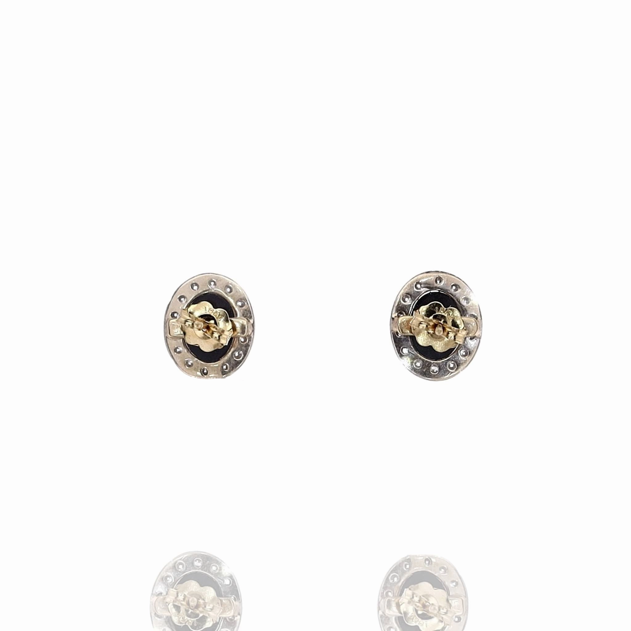 Estate 18k Two-Tone Oval Black Chalcedony and Diamond Earrings
