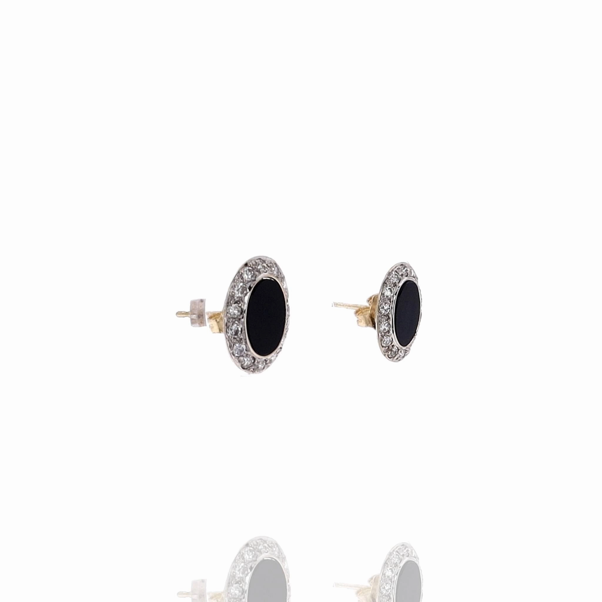 Estate 18k Two-Tone Oval Black Chalcedony and Diamond Earrings