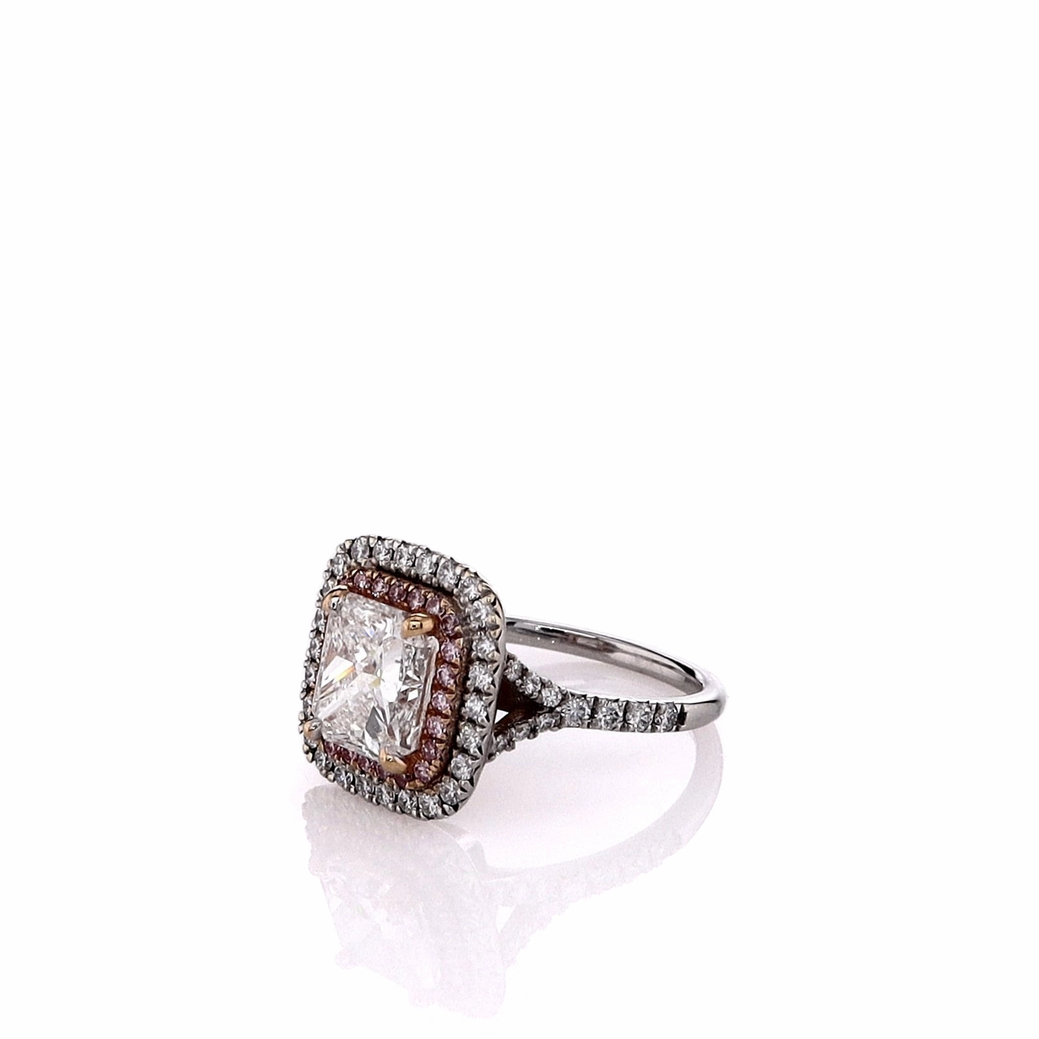 Estate 18k Two-Tone Pink Diamond Double Halo Split Shank Engagement Ring