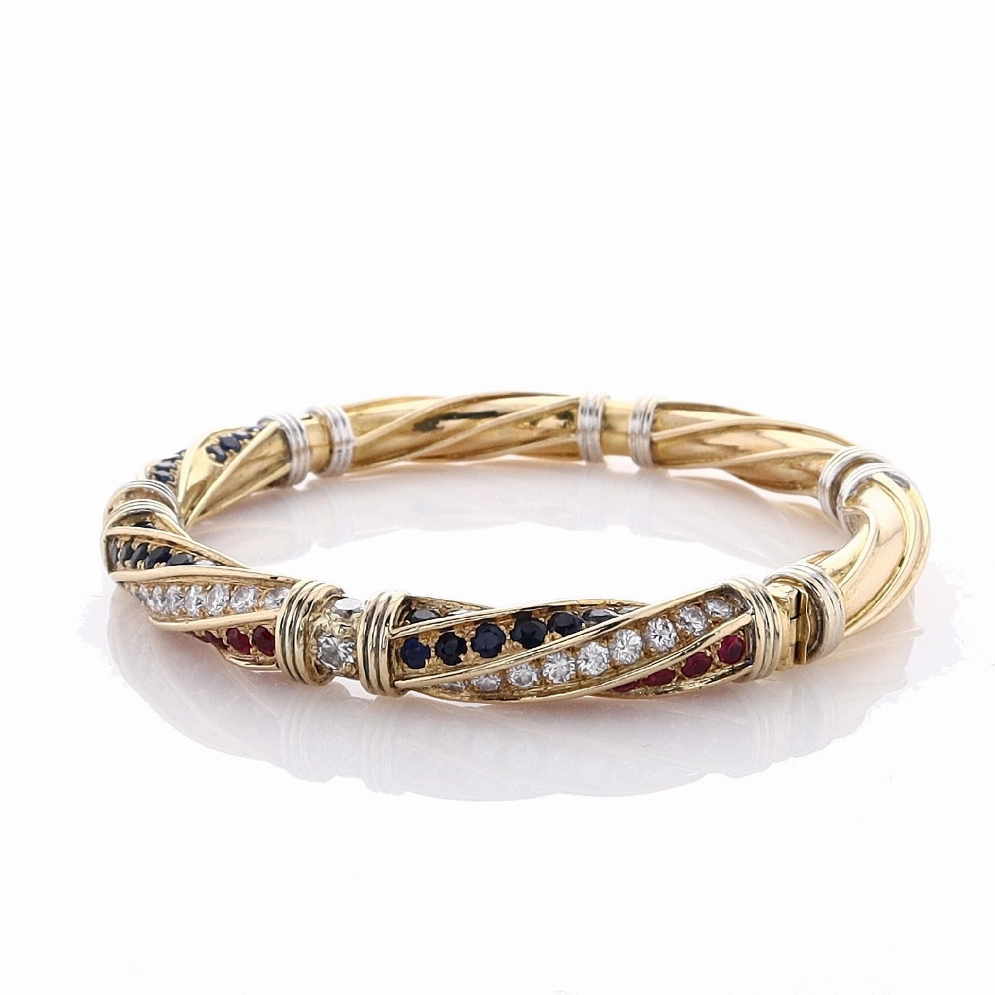 Estate 18k Two Tone Sapphire, Ruby and Diamond Bangle Bracelet