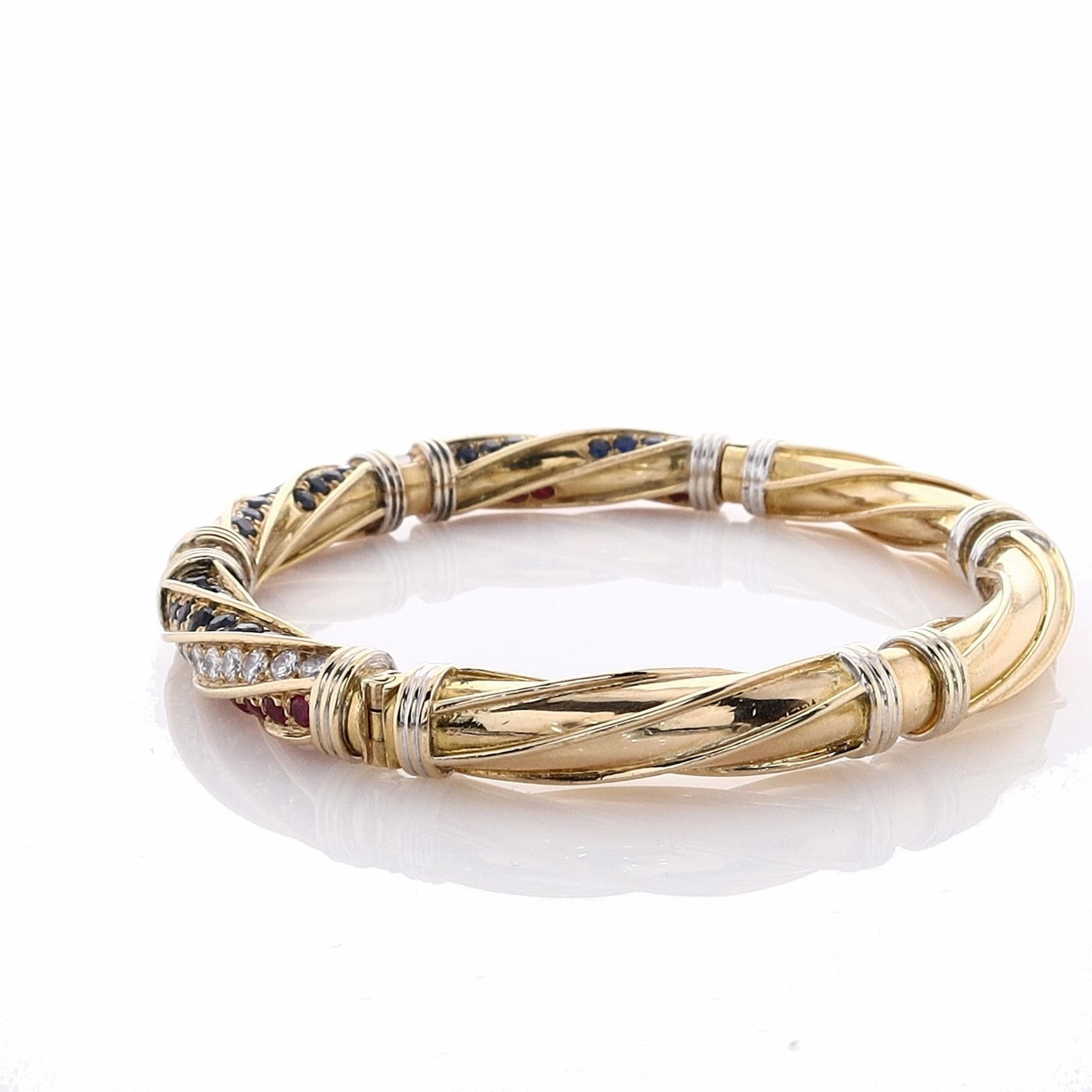 Estate 18k Two Tone Sapphire, Ruby and Diamond Bangle Bracelet