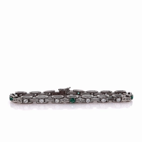 Estate 18k White Gold 7" Emerald and Diamond Chain Link Bracelet