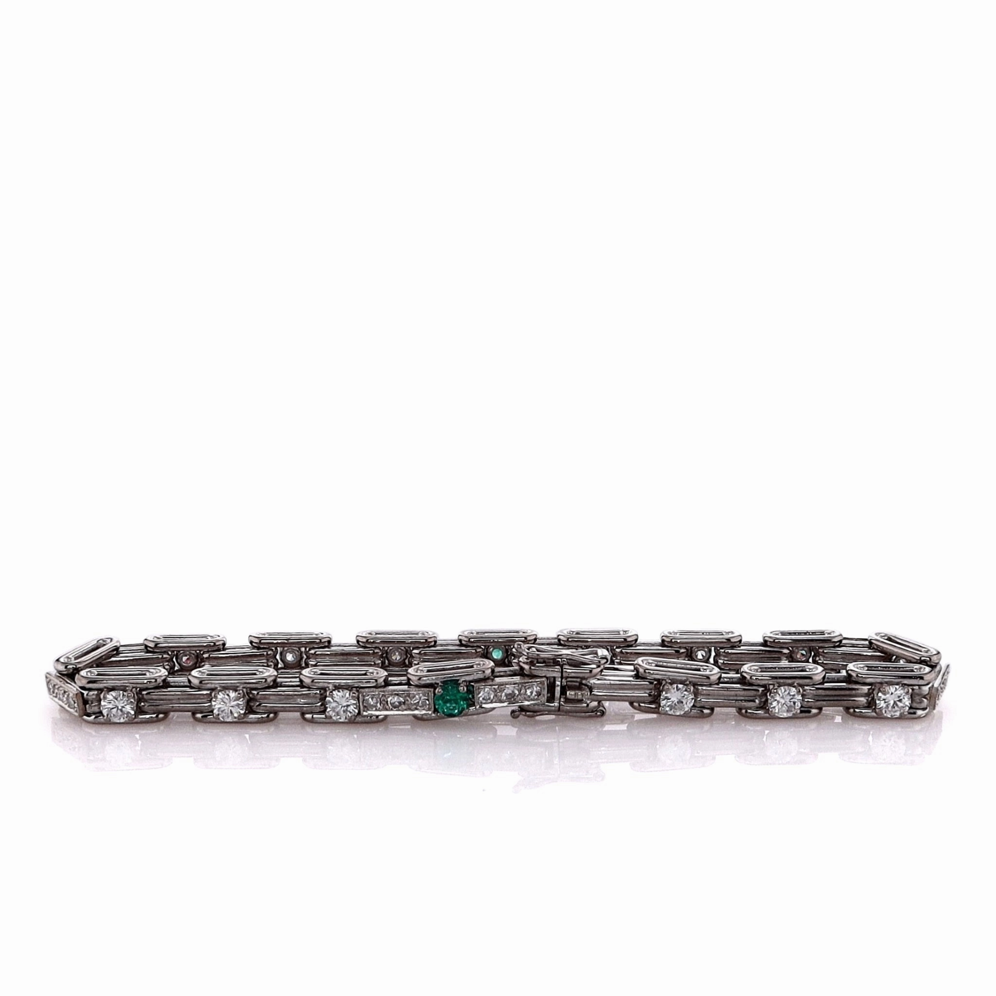 Estate 18k White Gold 7" Emerald and Diamond Chain Link Bracelet