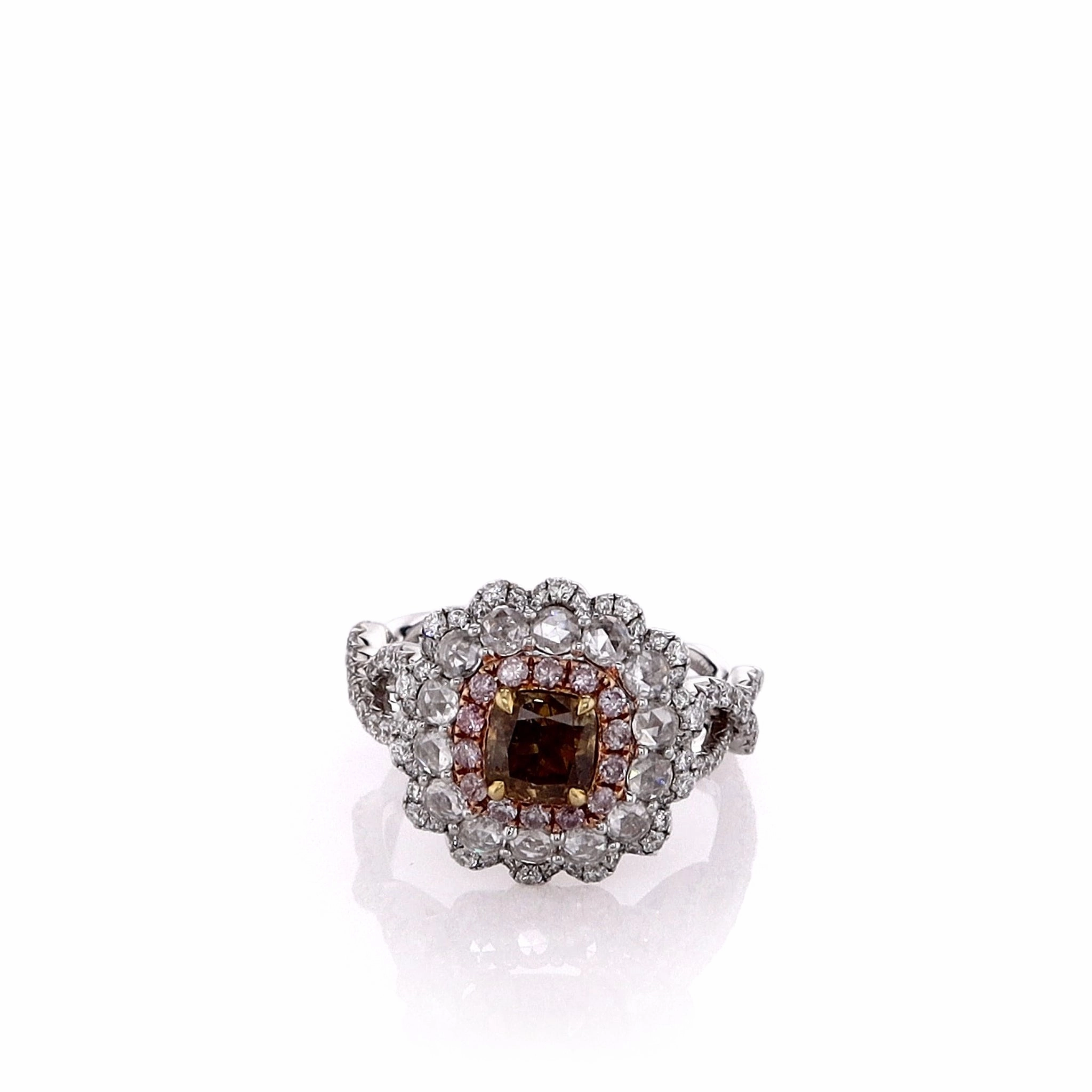 Estate 18k White Gold Brown and Pink Diamond Triple Halo Twist Shank Ring