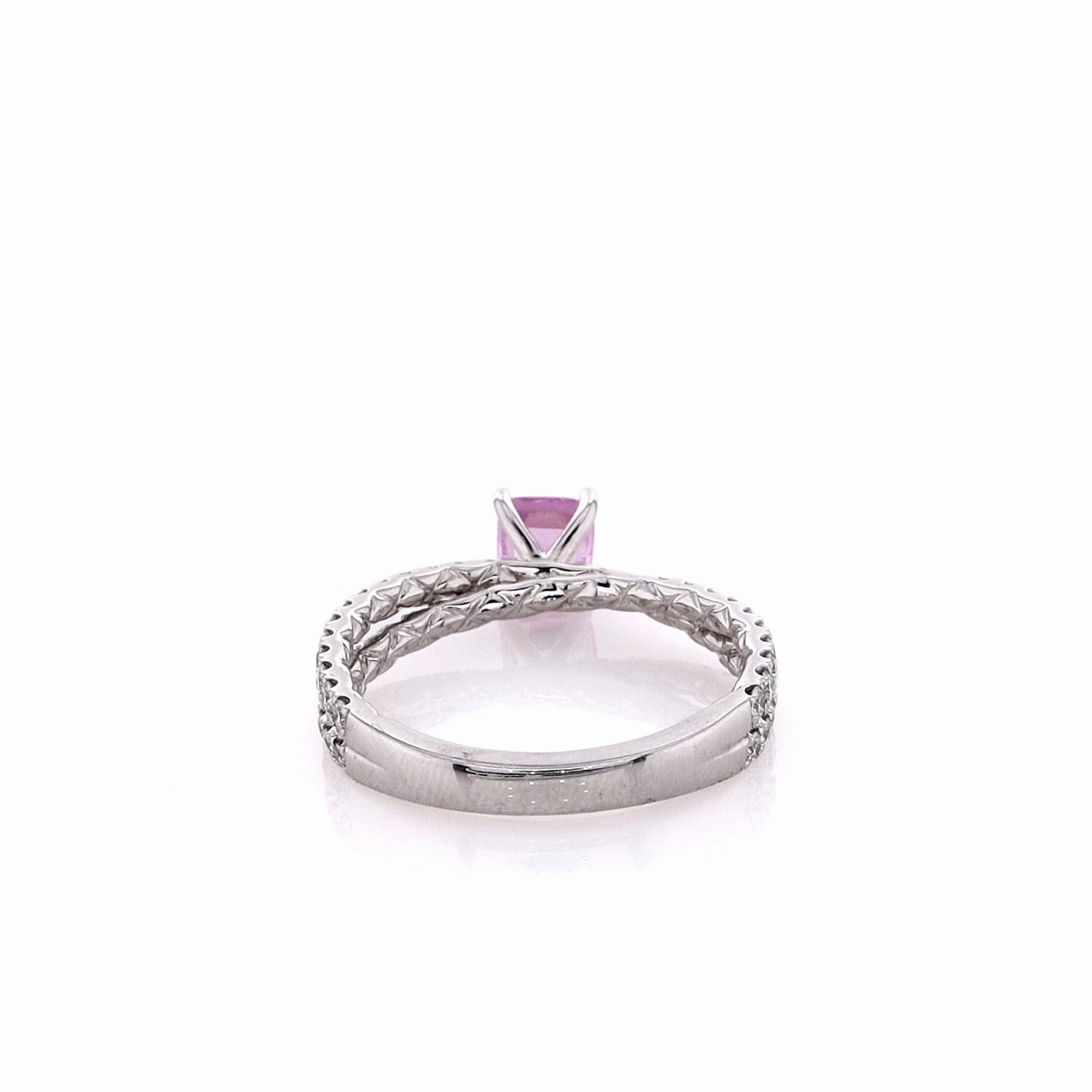 Estate 18k White Gold Cushion Pink Sapphire and Diamond Crossover Shank Ring
