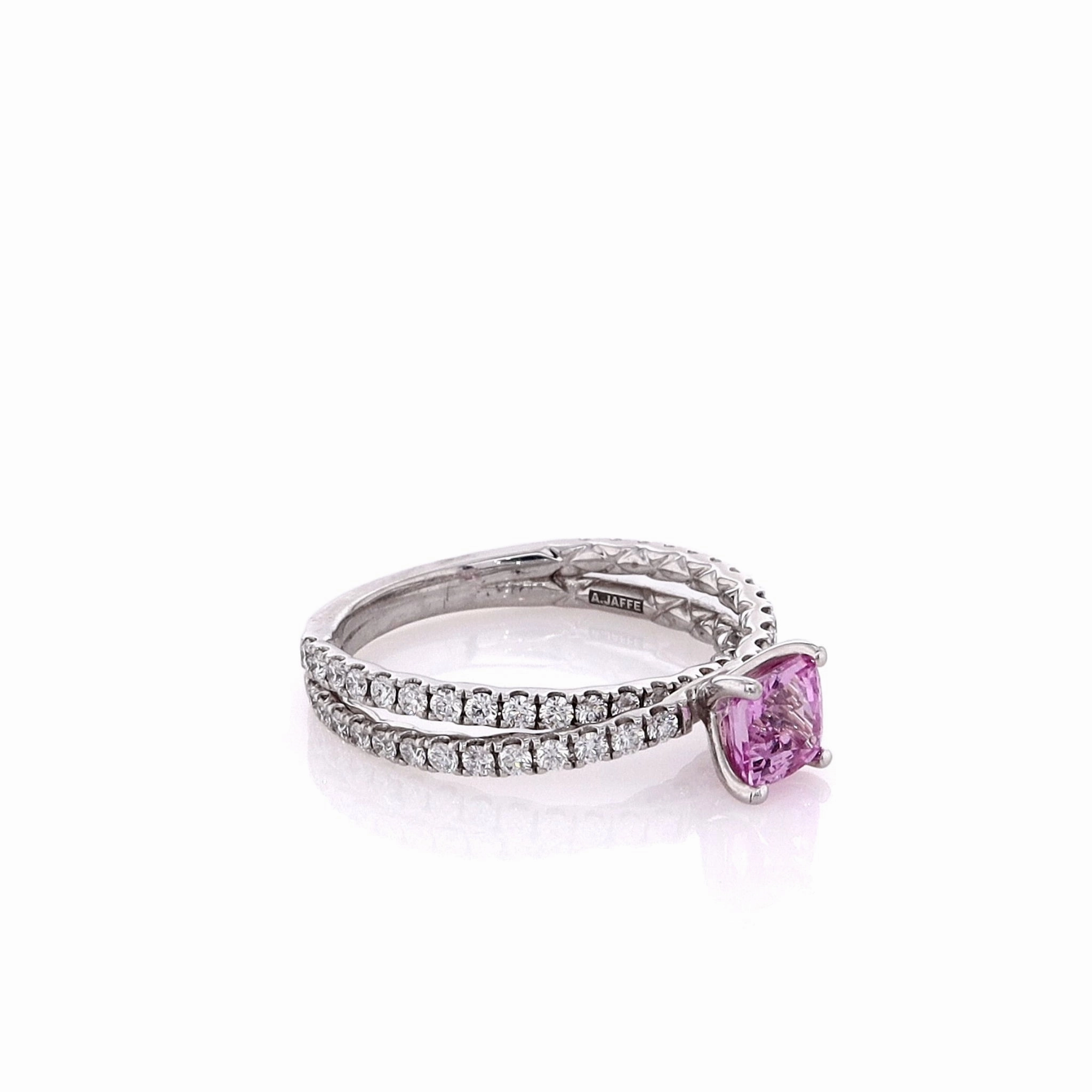 Estate 18k White Gold Cushion Pink Sapphire and Diamond Crossover Shank Ring