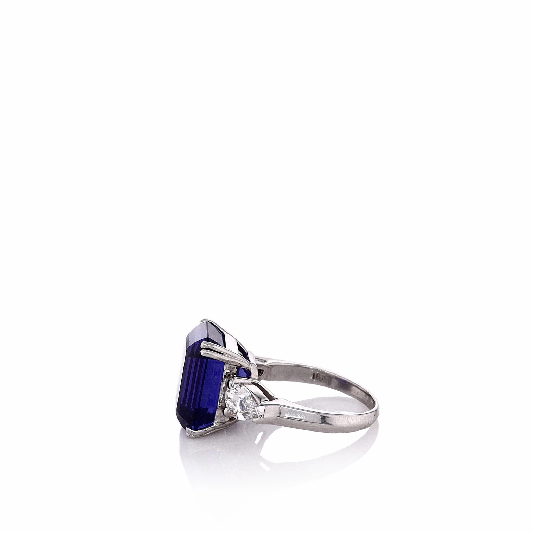 Estate 18k White Gold Emerald Cut Tanzanite and Diamond Ring
