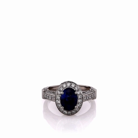 Estate 18k White Gold Engraved Shank Oval Sapphire and Diamond Halo Ring