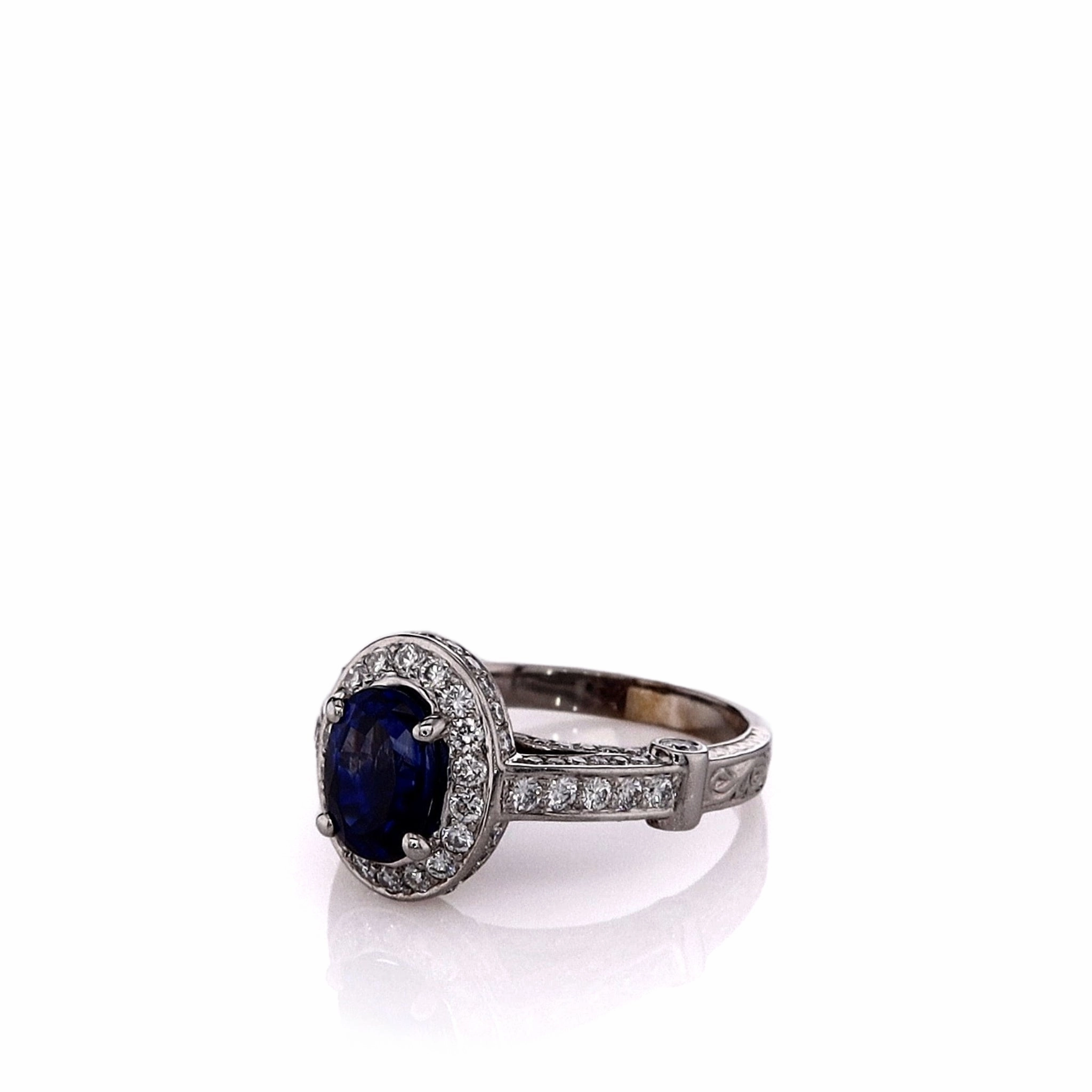 Estate 18k White Gold Engraved Shank Oval Sapphire and Diamond Halo Ring