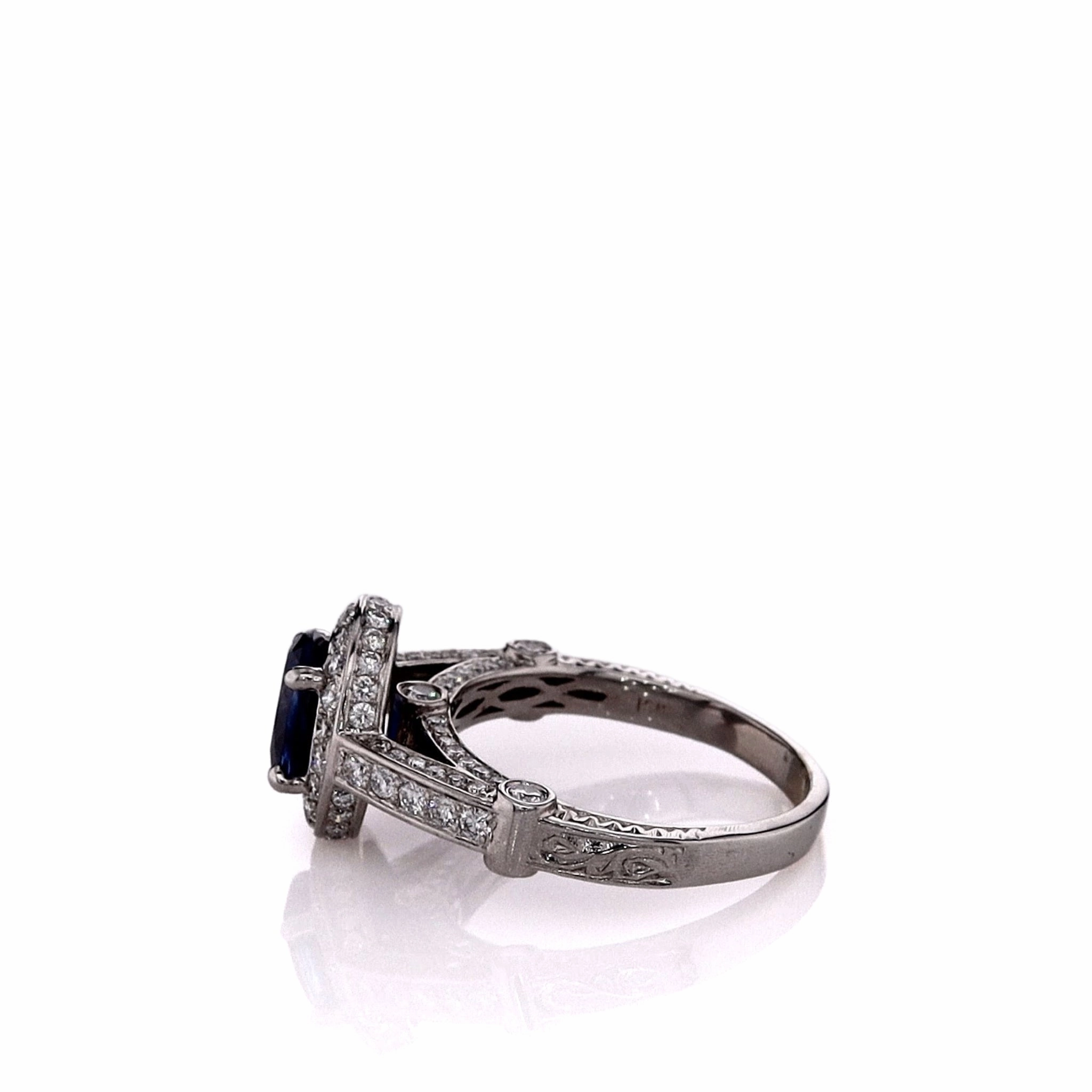 Estate 18k White Gold Engraved Shank Oval Sapphire and Diamond Halo Ring
