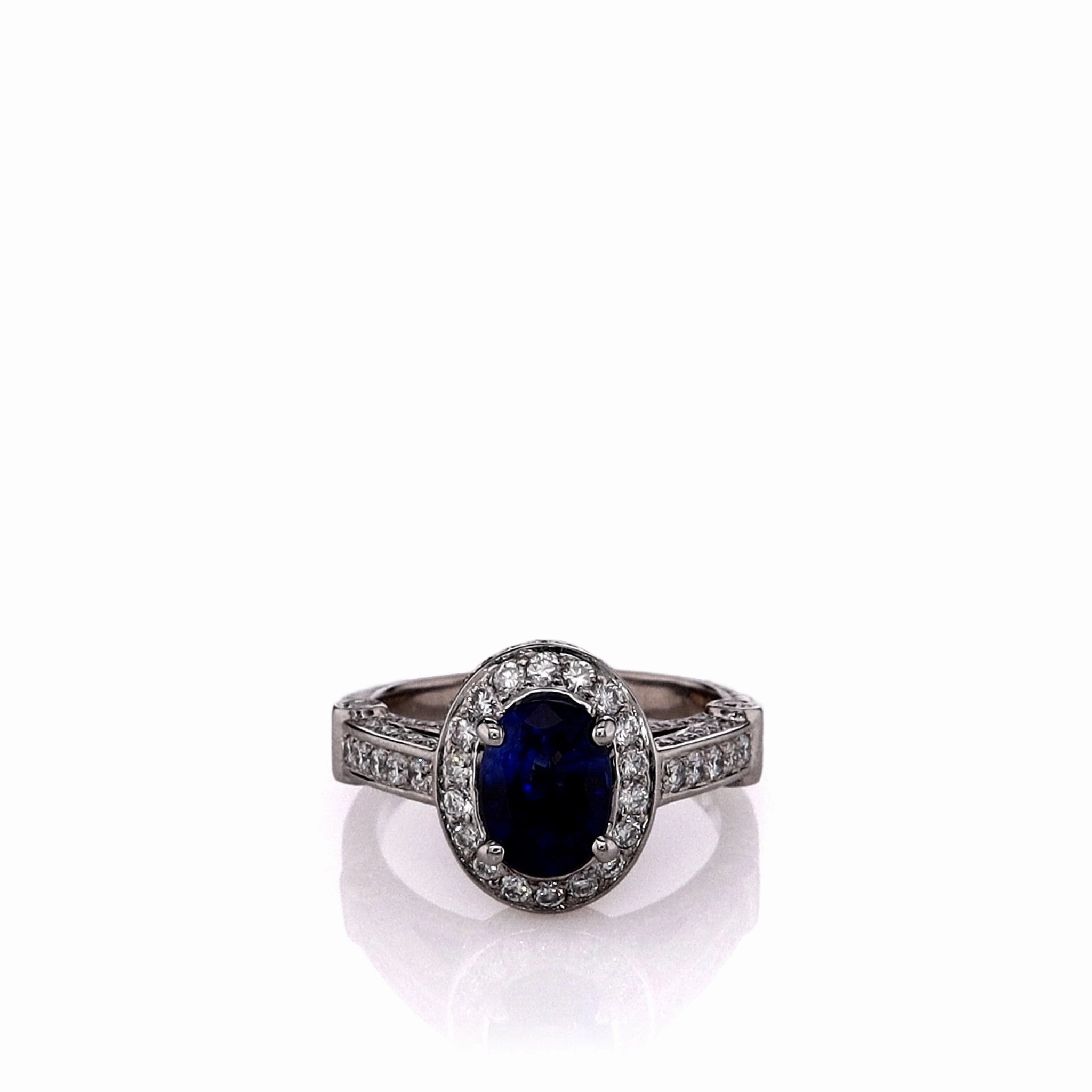 Estate 18k White Gold Engraved Shank Oval Sapphire and Diamond Halo Ring