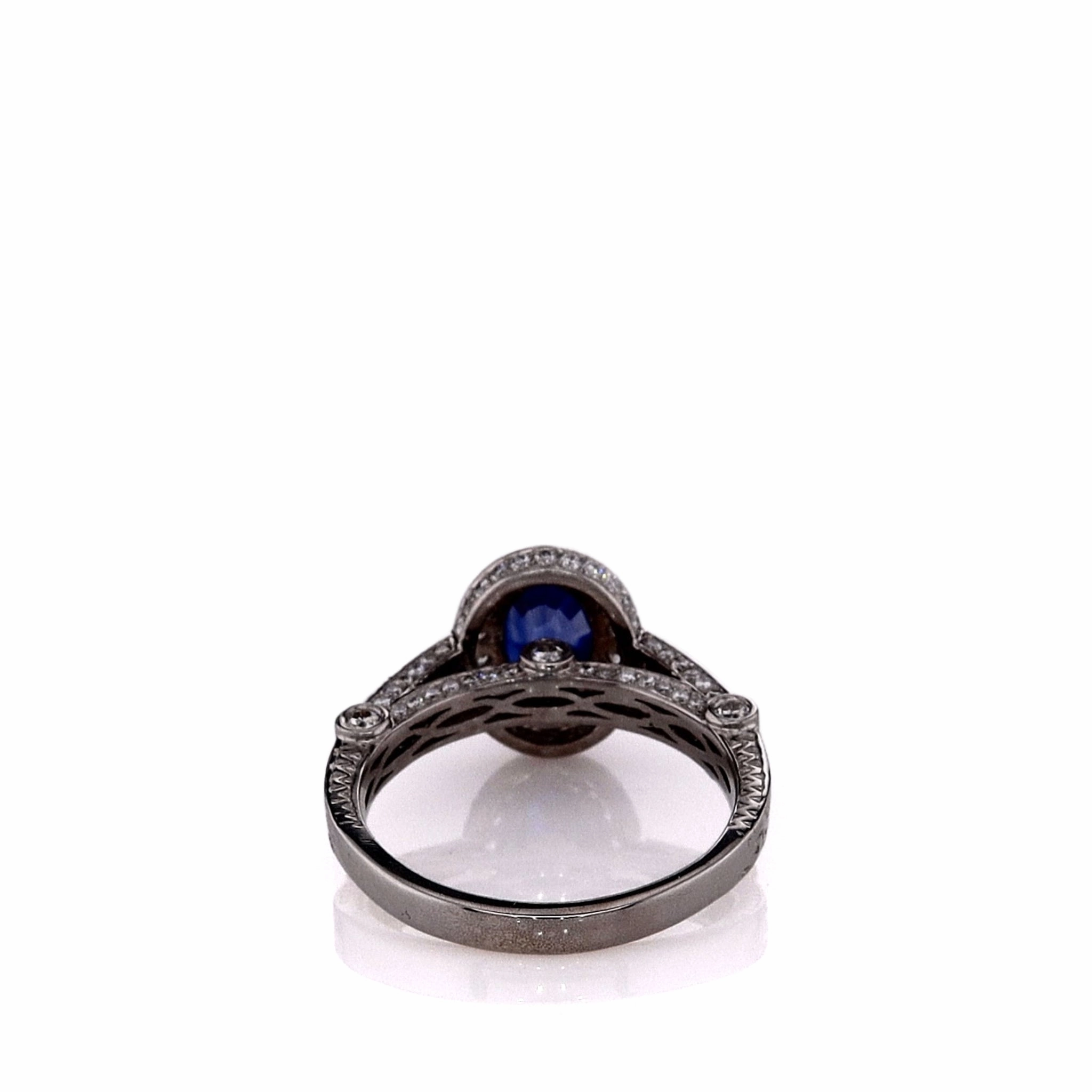 Estate 18k White Gold Engraved Shank Oval Sapphire and Diamond Halo Ring
