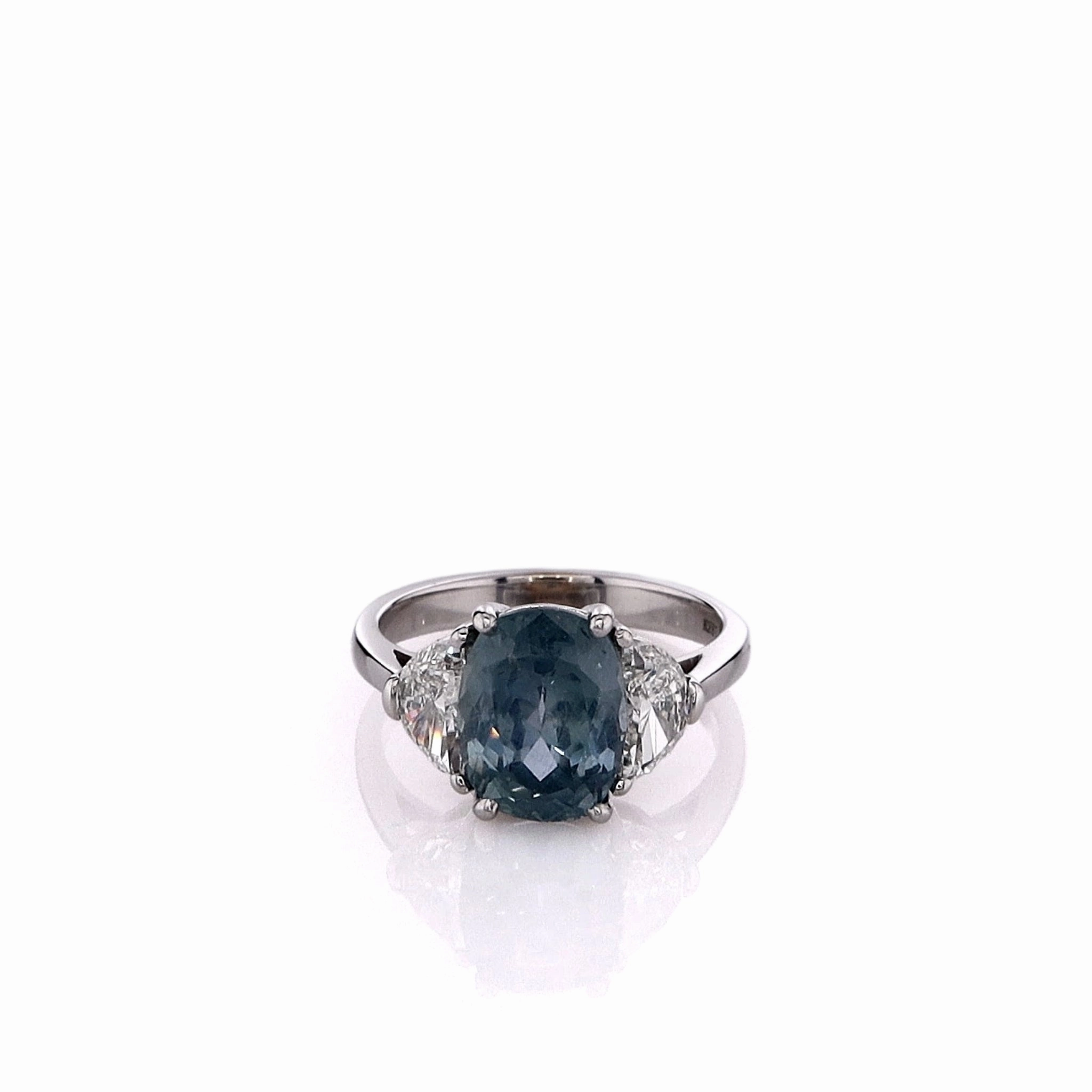 Estate 18k White Gold Montana Blue Sapphire and Half Moon Diamond Ring