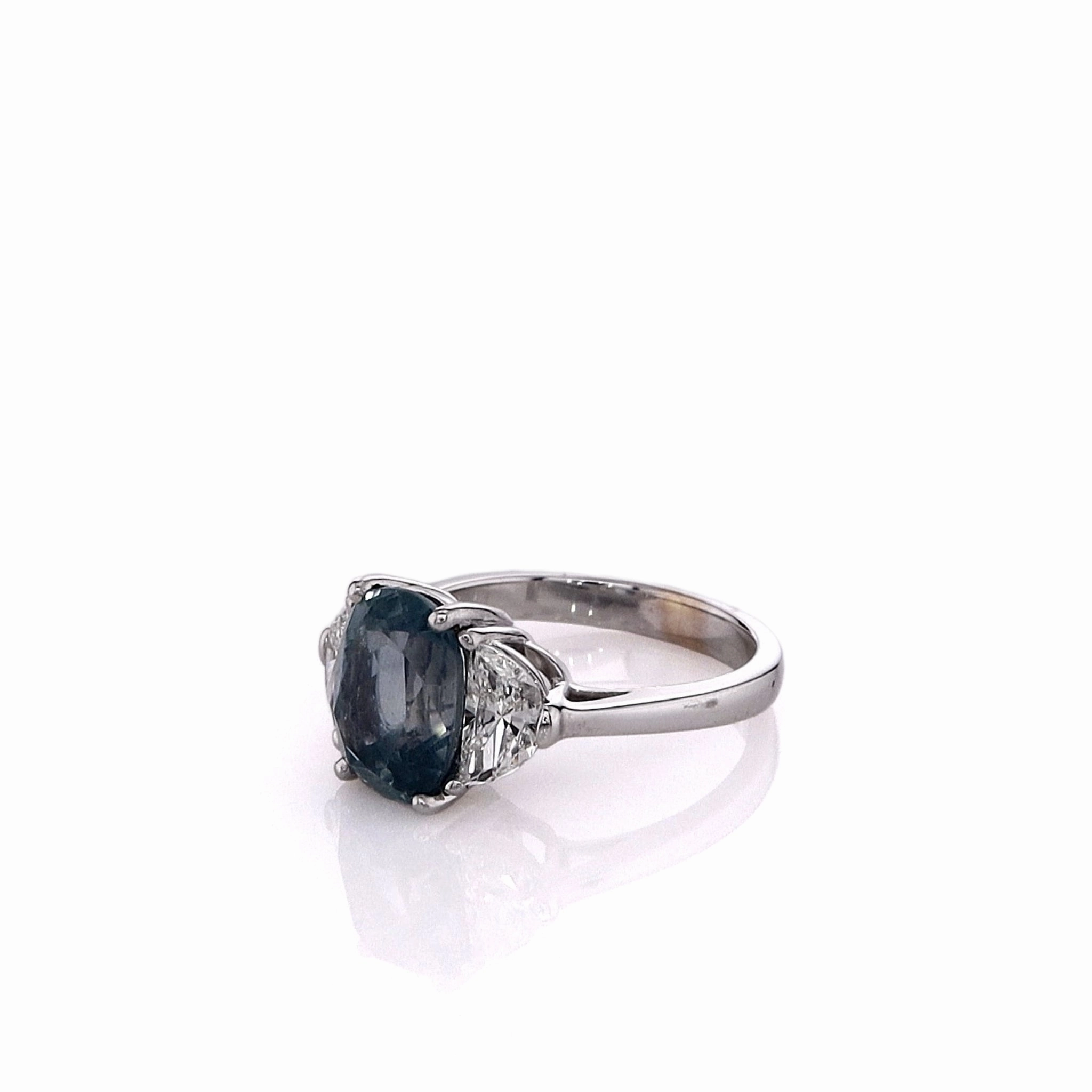 Estate 18k White Gold Montana Blue Sapphire and Half Moon Diamond Ring