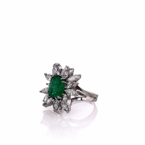 Estate 18k White Gold Star Burst Design Emerald and Diamond Split Shank Ring
