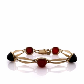 Estate 18k Yellow Gold Alternating Sugarloaf Carnelian and Onyx Bracelet