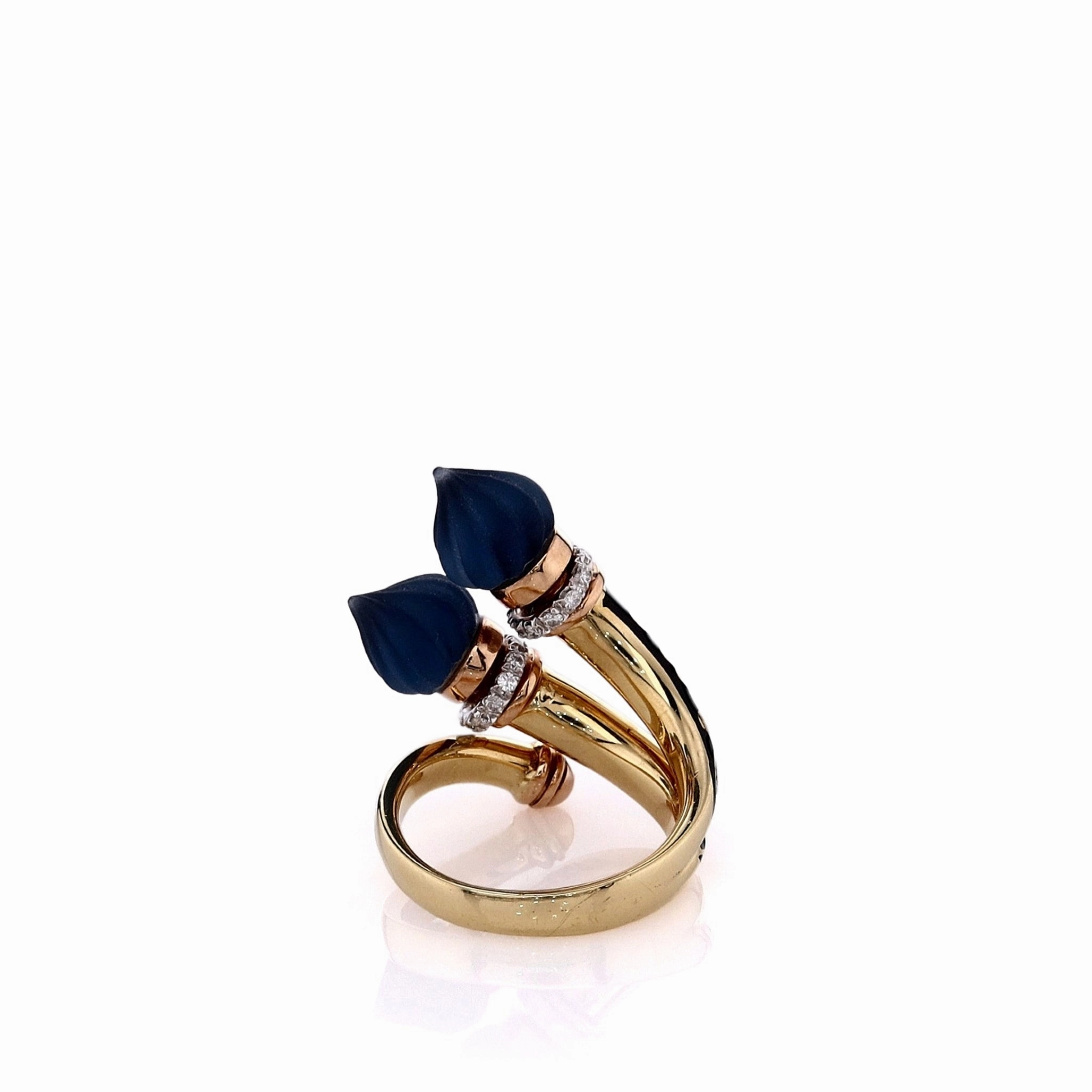 Estate 18k Yellow Gold Black Ornamental Design Split Shank Diamond Rondelle Ring
