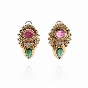 Estate 18k Yellow Gold Cabochon Tourmaline and Diamond Stud Earrings