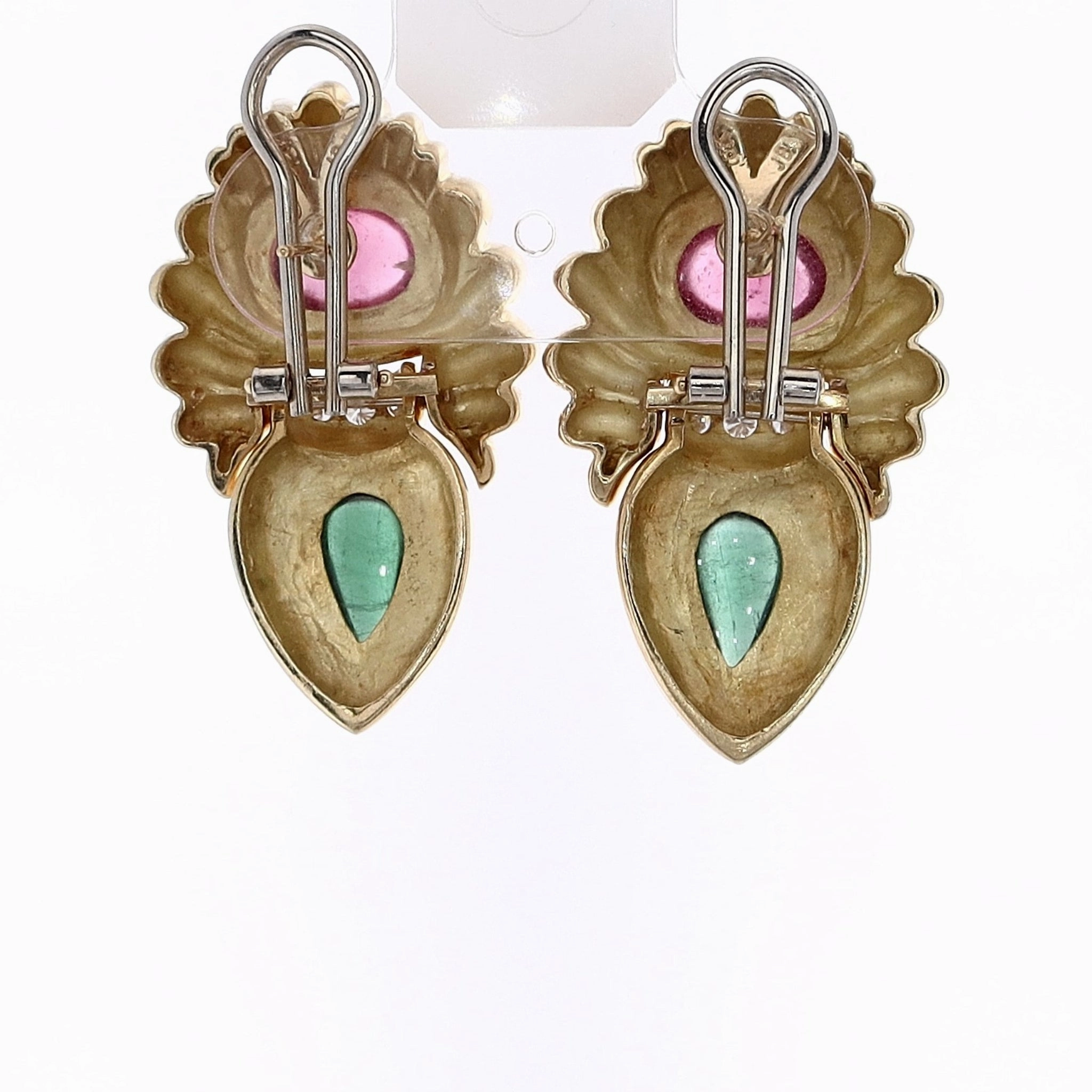 Estate 18k Yellow Gold Cabochon Tourmaline and Diamond Stud Earrings