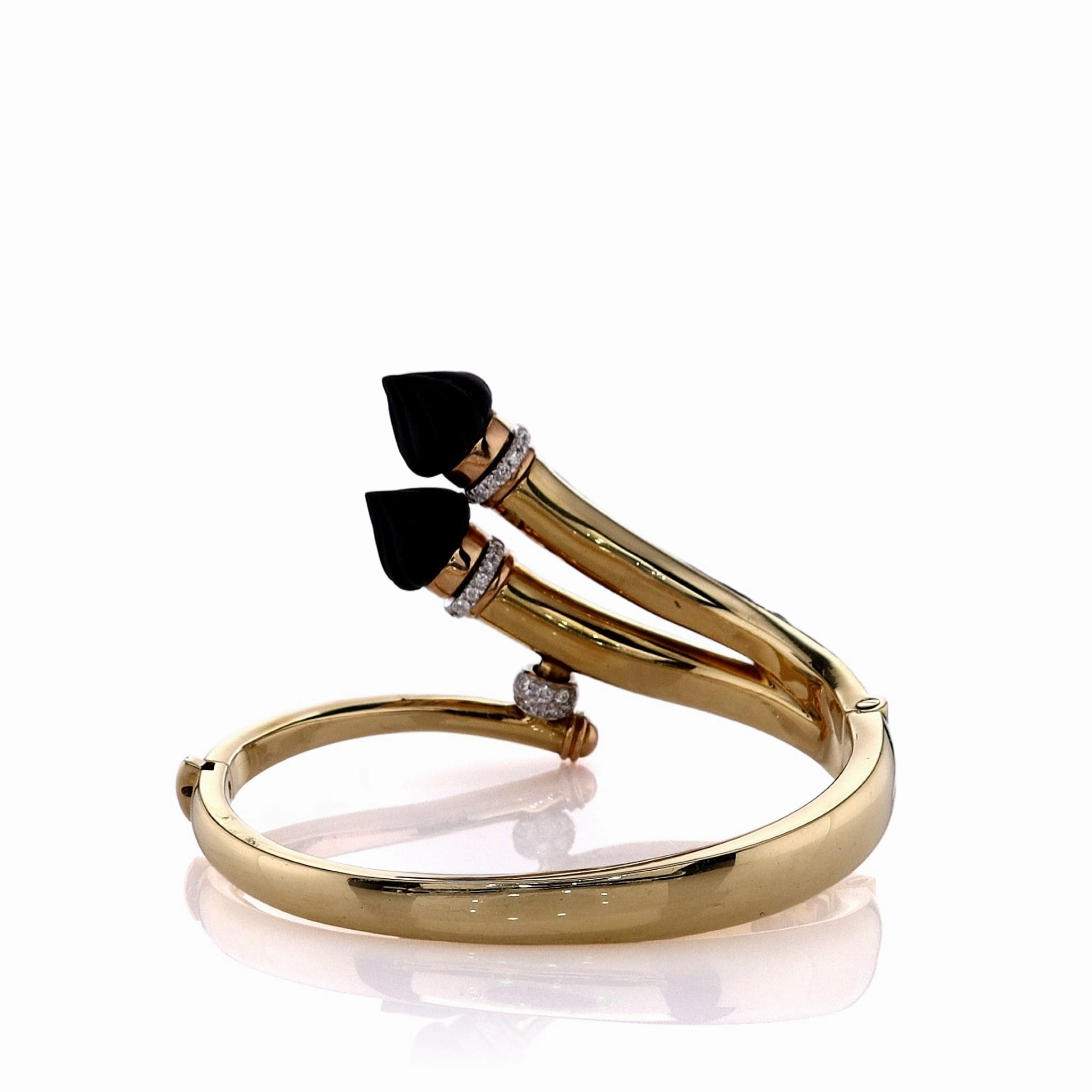 Estate 18k Yellow Gold Carved Black Ornamental Design Diamond Rondelle Bangle Bracelet