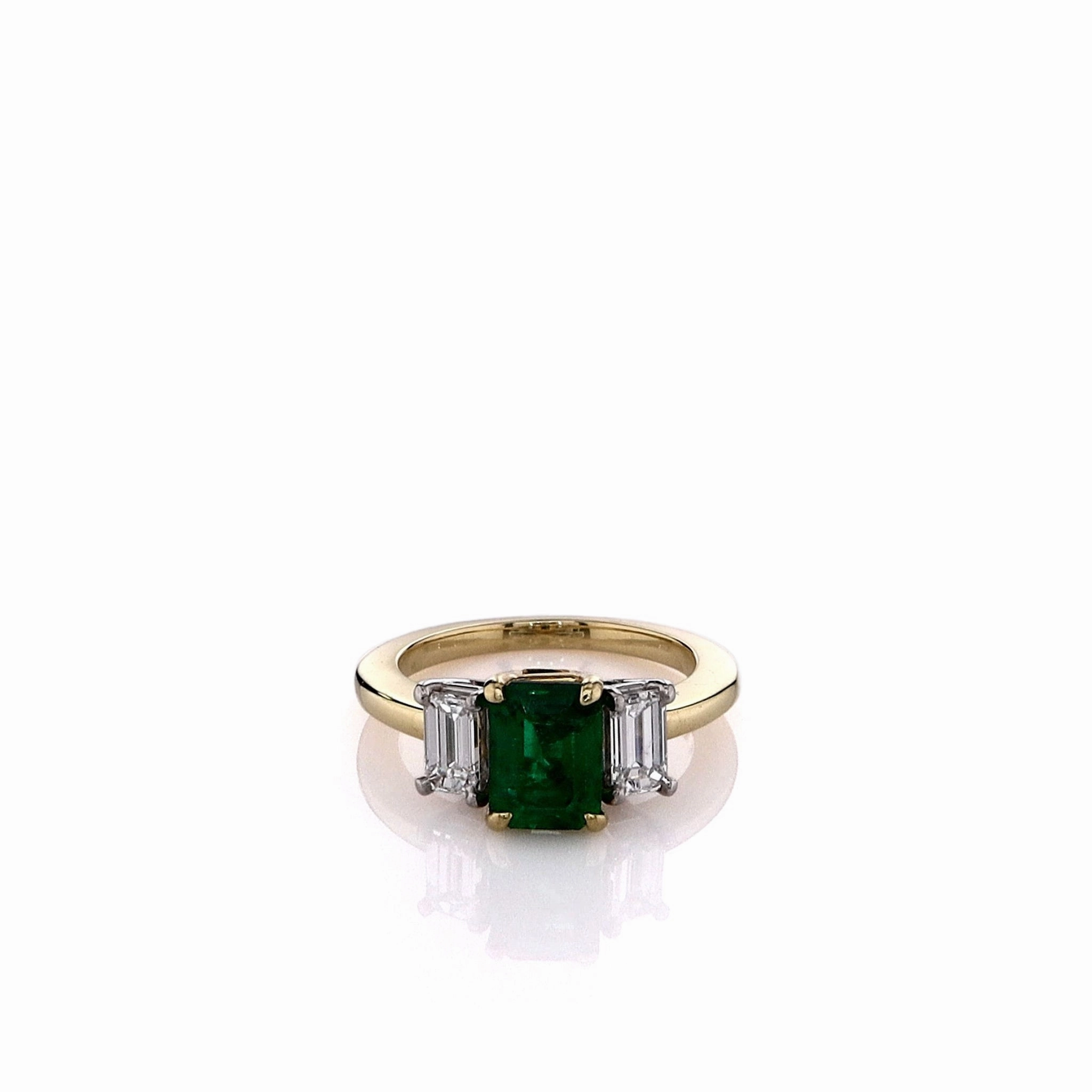 Estate 18k Yellow Gold Green Emerald and Diamond Three Stone Ring