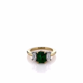 Estate 18k Yellow Gold Green Emerald and Diamond Three Stone Ring
