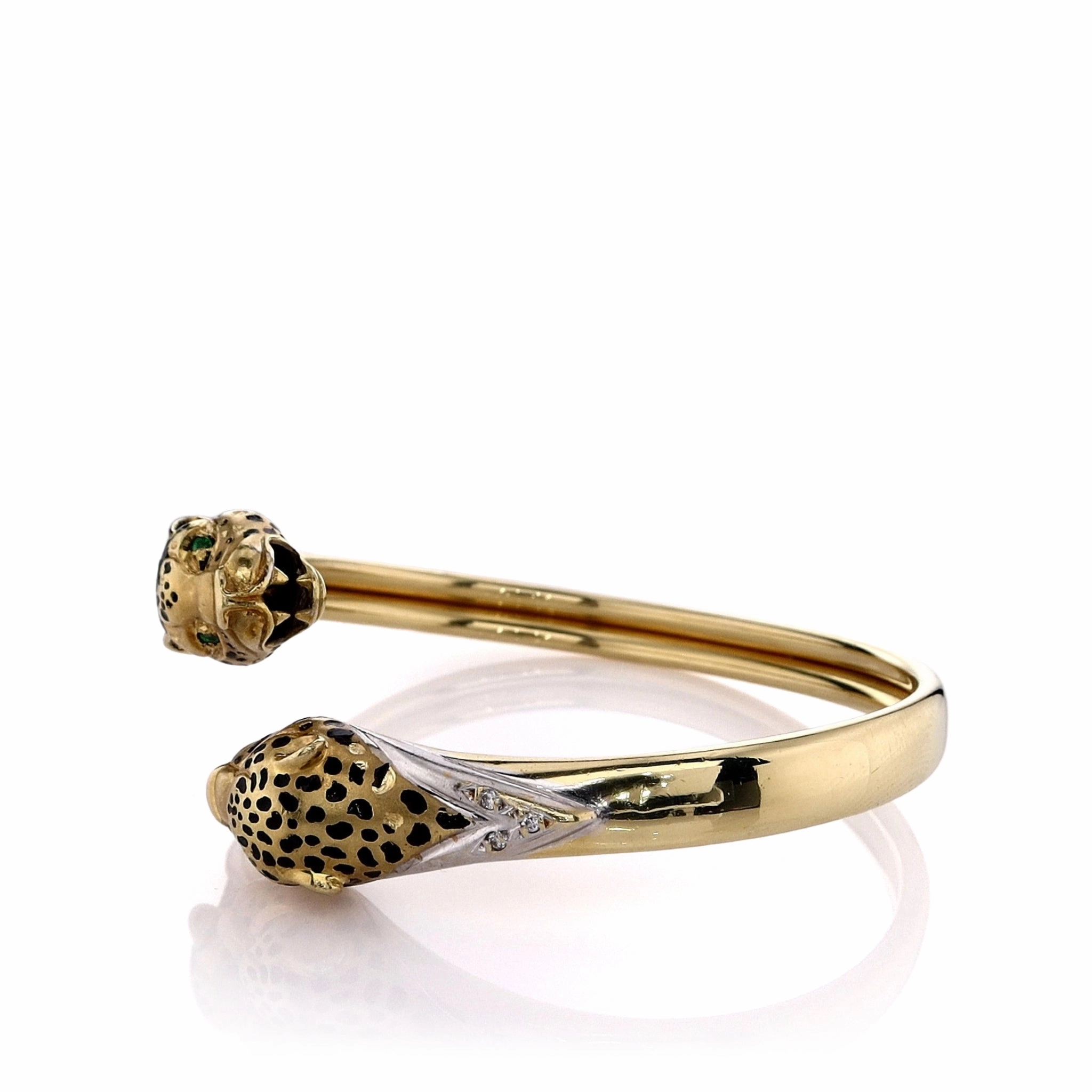 Estate 18k Yellow Gold Leopard Head Emerald and Diamond Bypass Bangle Bracelet