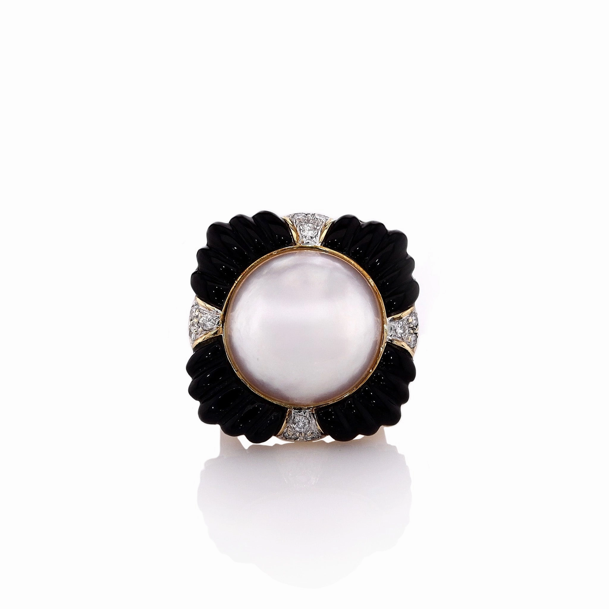 Estate 18k Yellow Gold Mabe Pearl Center With Carved Onyx and Diamond Statement Ring