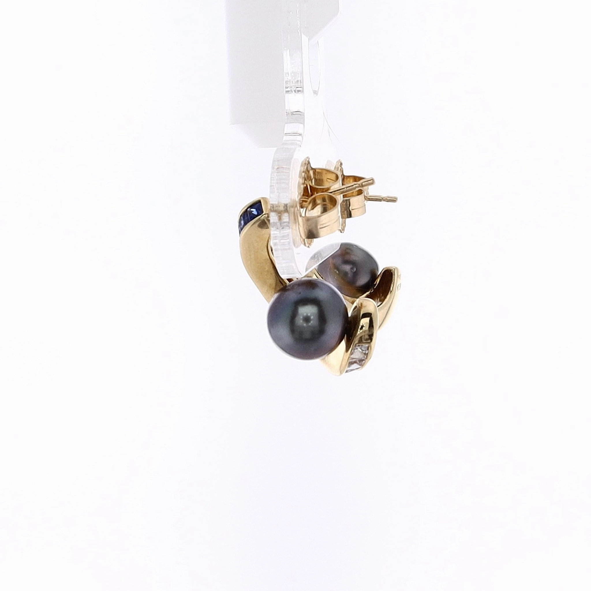 Estate 18k Yellow Gold Ombre Design Tahitian Pearl and Sapphire Earrings