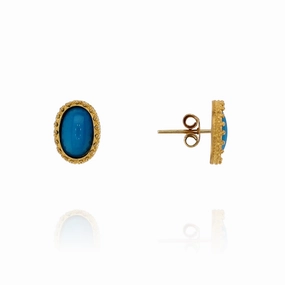 Estate 18k Yellow Gold Oval Cabochon Turquoise Beaded Byzantine Design Stud Earrings