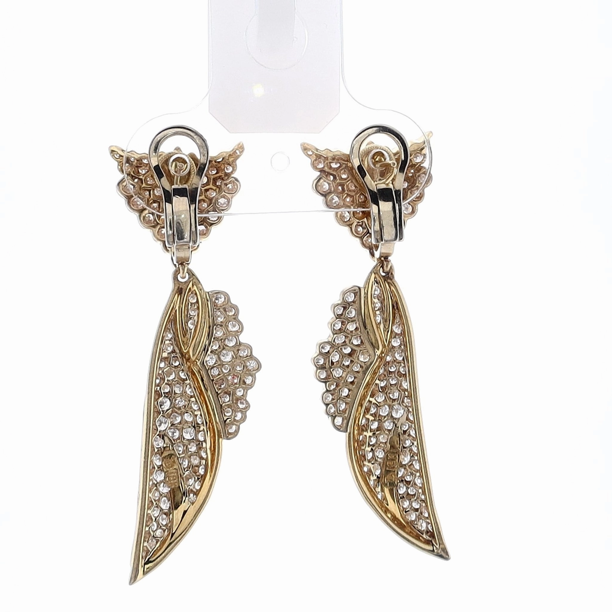 Estate 18k Yellow Gold Pave "V" Top With Pave Diamond Drop Wings Round Brilliant Cut Diamond Pierced Earrings