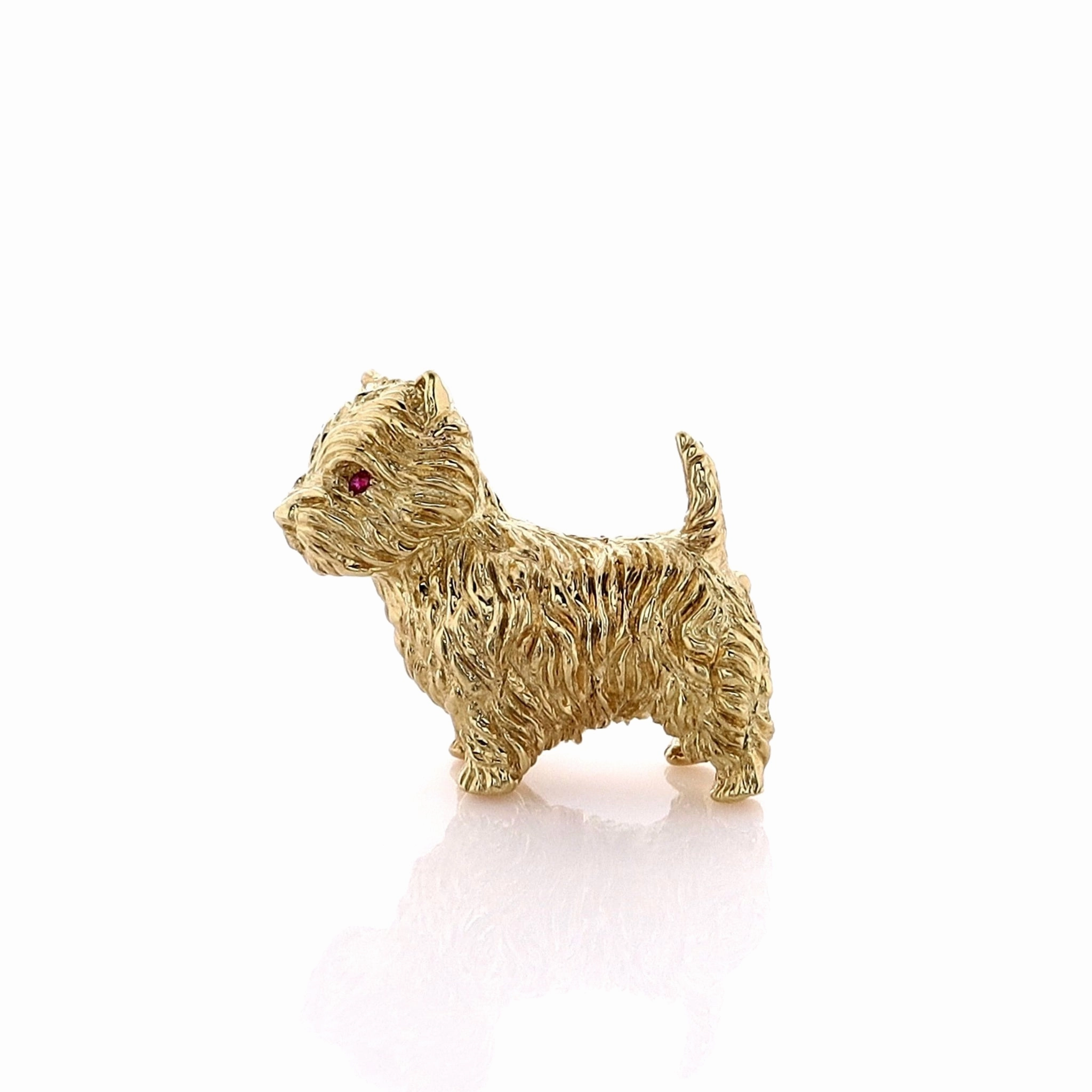 Estate 18k Yellow Gold Round Ruby Eyed Scottie Dog Brooch