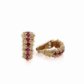 Estate 18k Yellow Gold Ruby and Diamond Clip-On Hoop Earrings