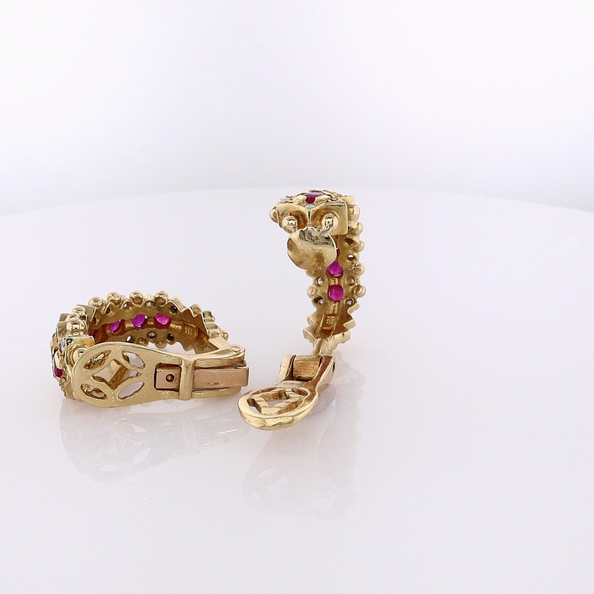 Estate 18k Yellow Gold Ruby and Diamond Clip-On Hoop Earrings