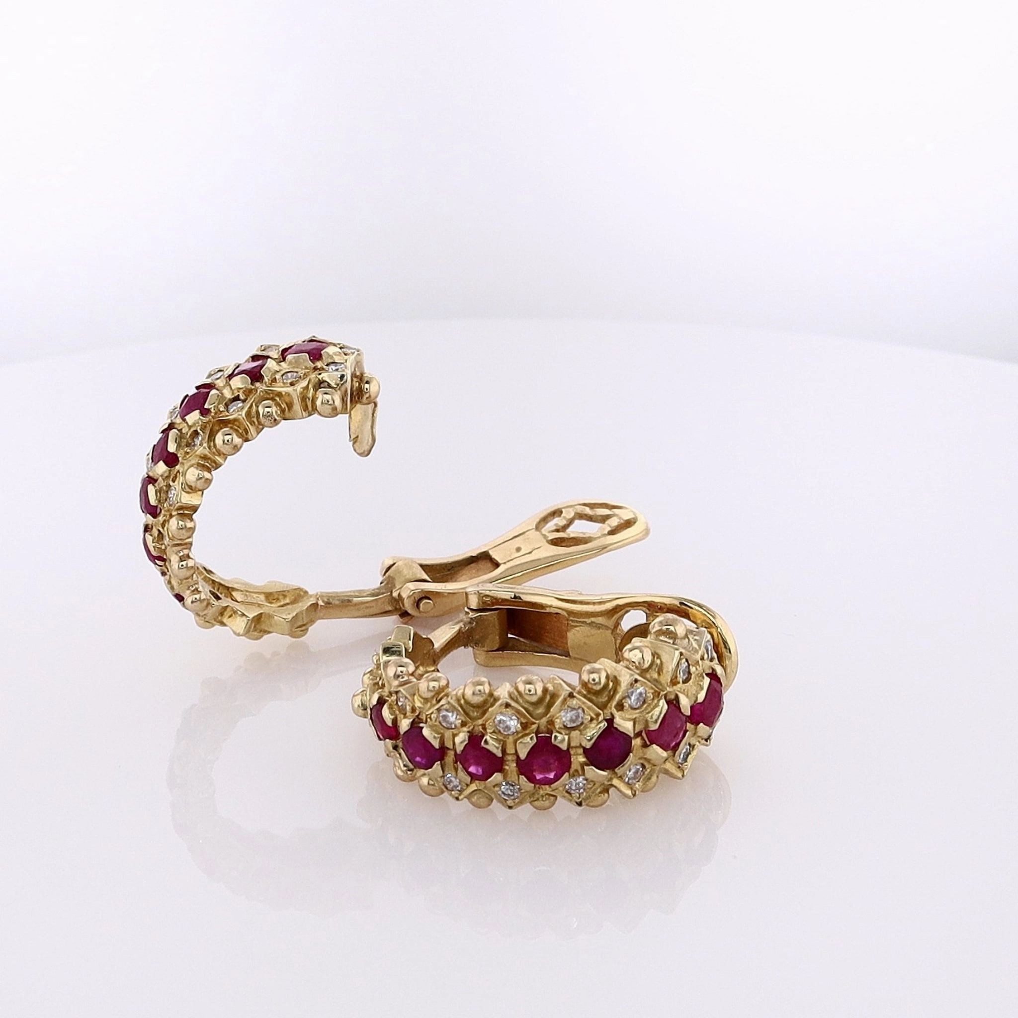 Estate 18k Yellow Gold Ruby and Diamond Clip-On Hoop Earrings