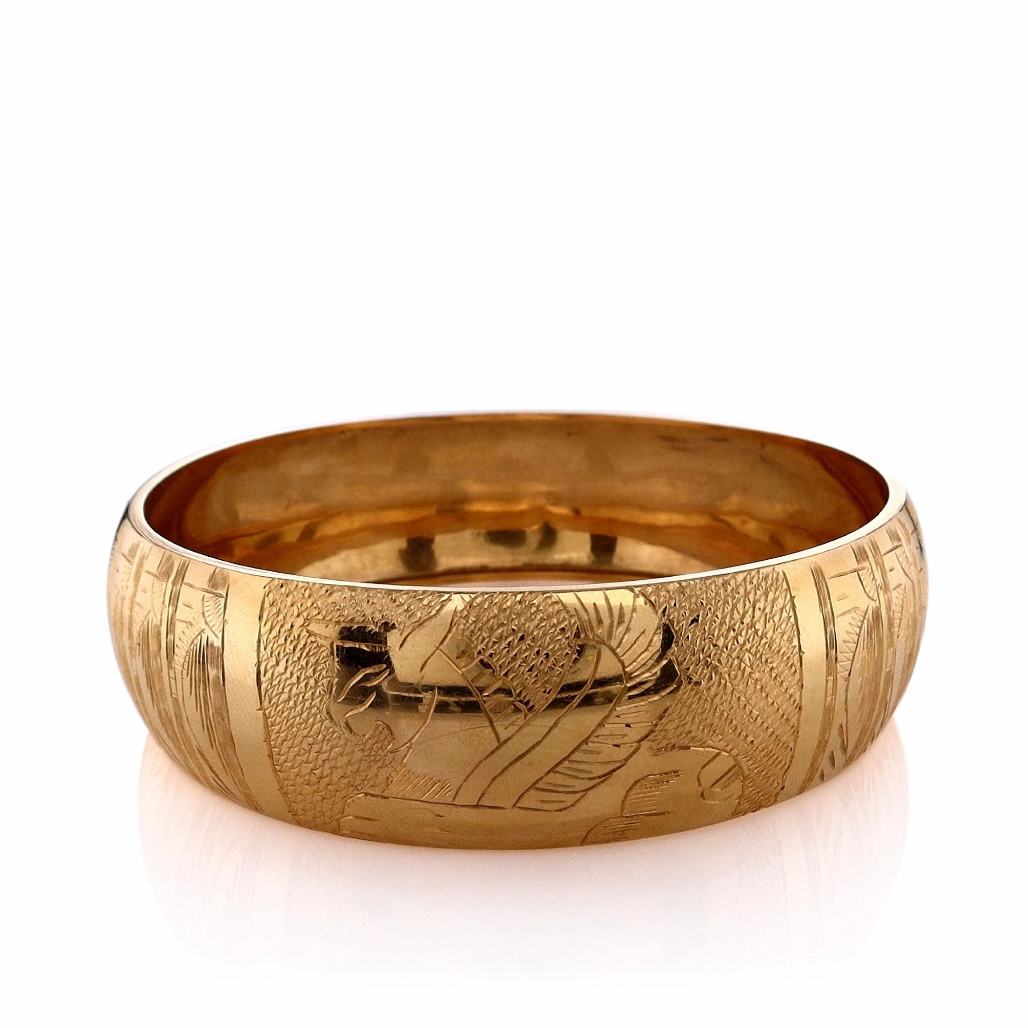 Estate 18k Yellow Gold Wide Engraved Griffin Motif Slip On Bangle Bracelet